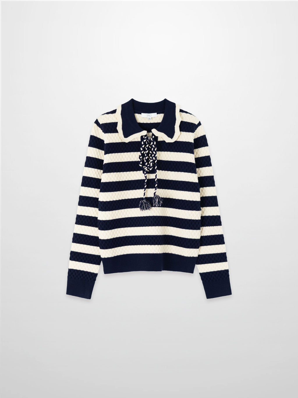 Laced Ruffle Collar Striped Sweater-Navy/Cream