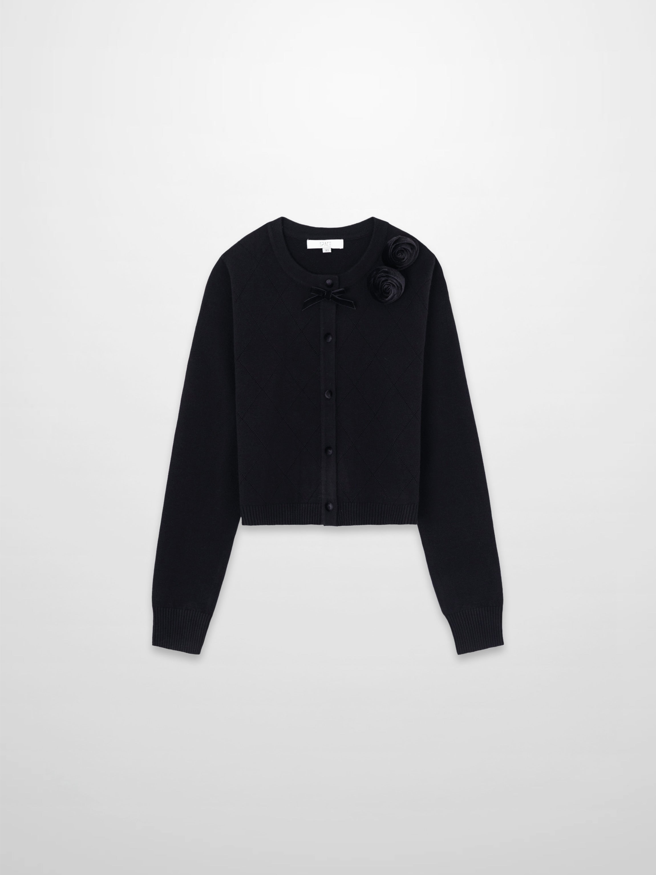 Velvet Detail Pointelle Crew Cardigan-Black/Black