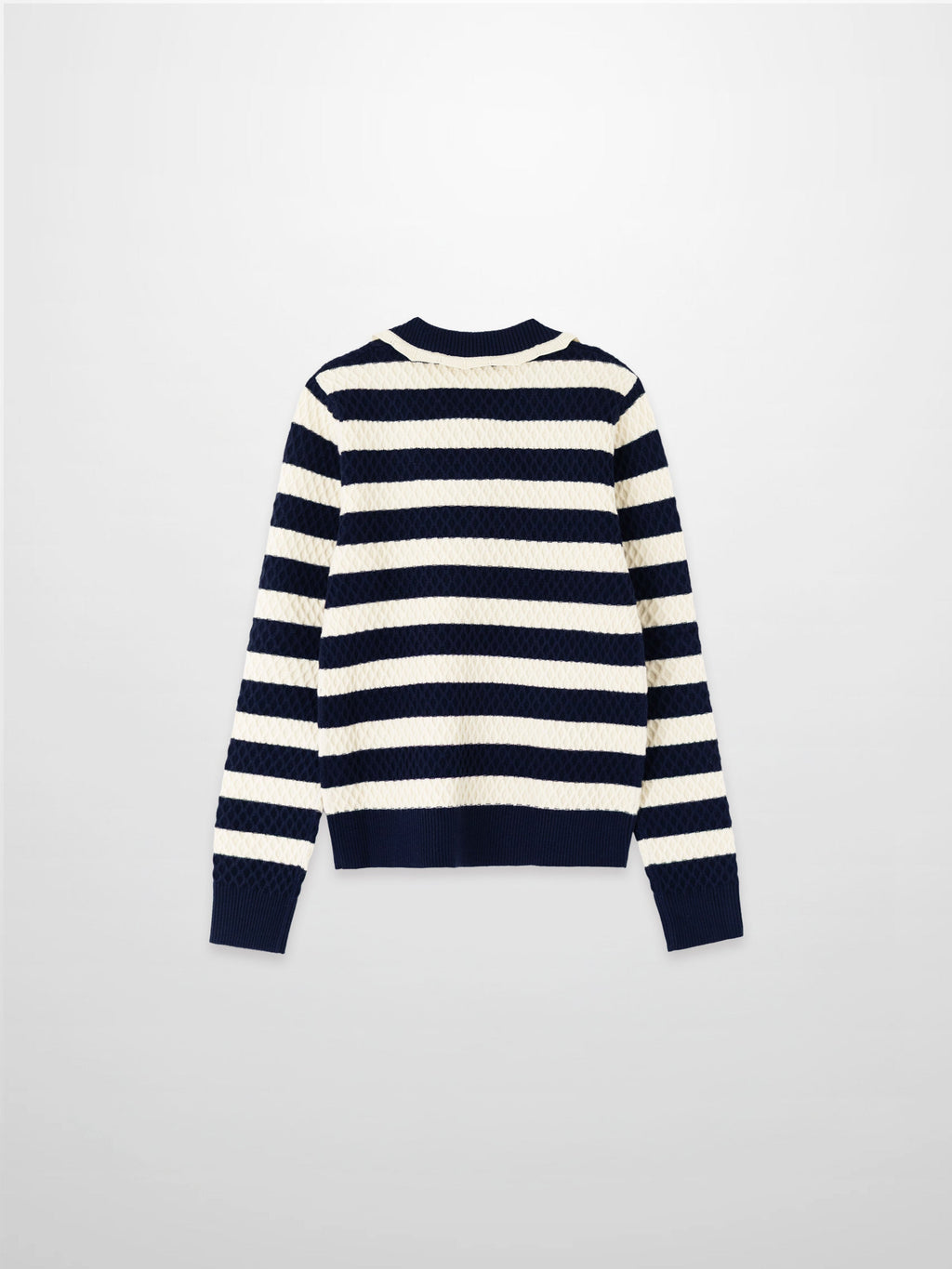 Laced Ruffle Collar Striped Sweater-Navy/Cream