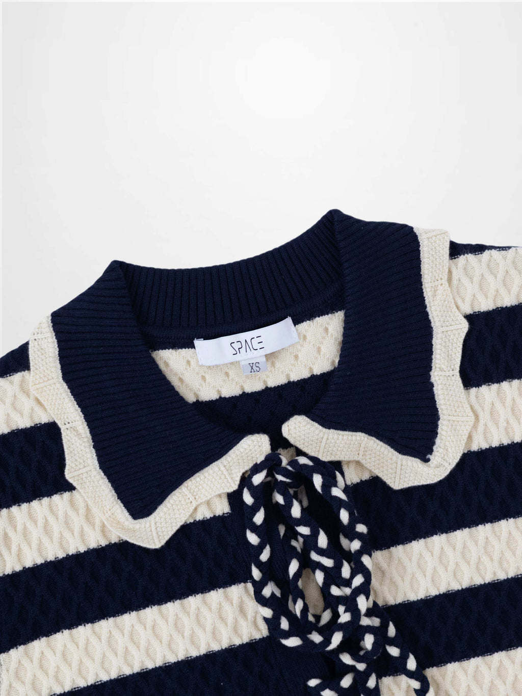 Laced Ruffle Collar Striped Sweater-Navy/Cream