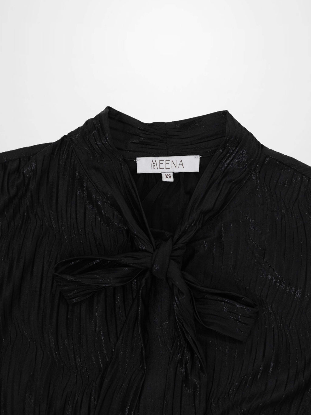 Shimmer Texture Bow Blouse-Black/Black