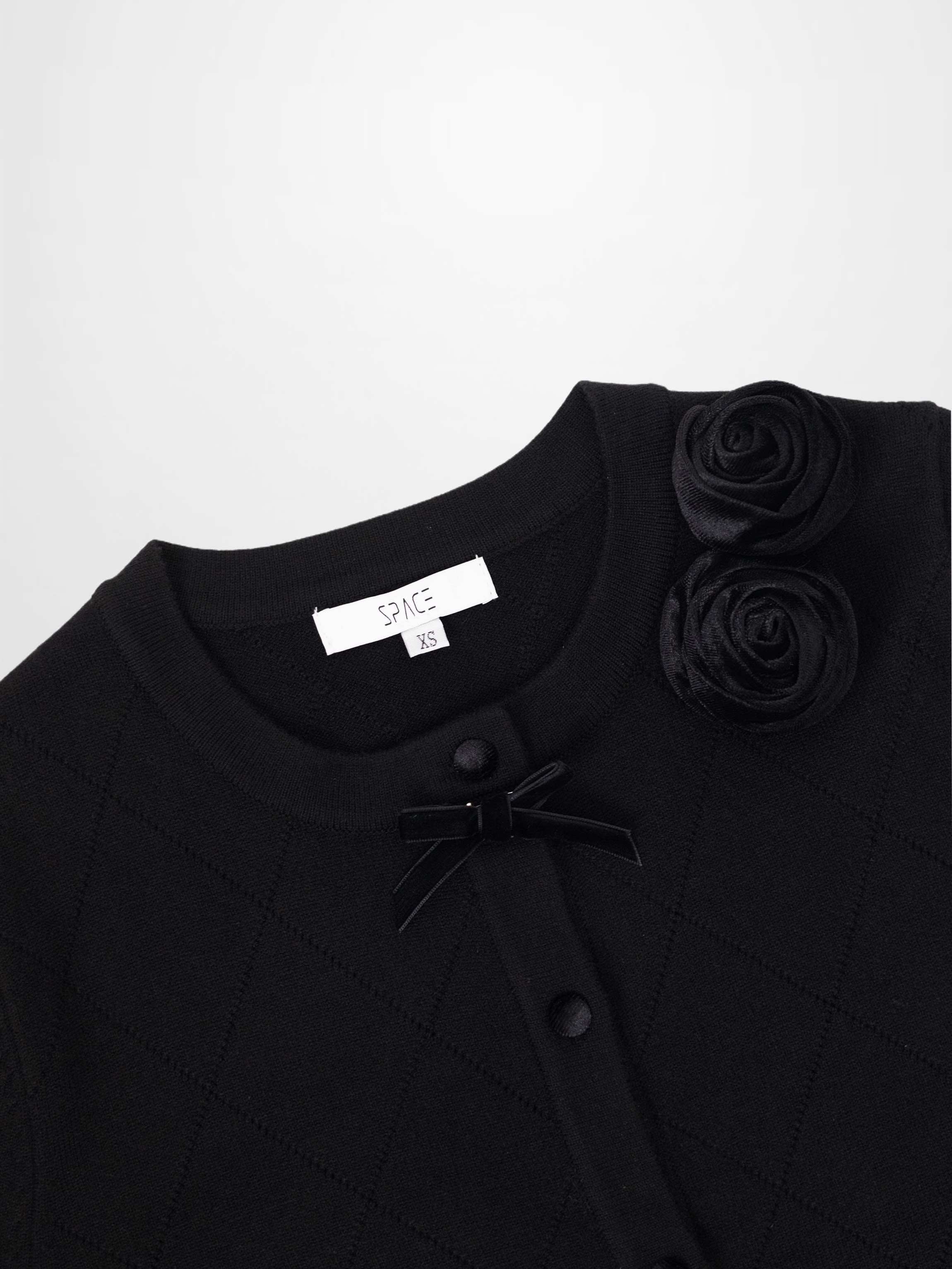 Velvet Detail Pointelle Crew Cardigan-Black/Black