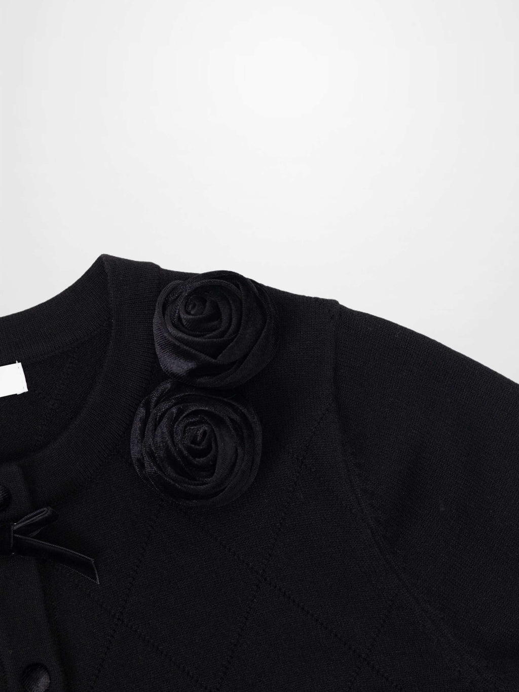 Velvet Detail Pointelle Crew Cardigan-Black/Black