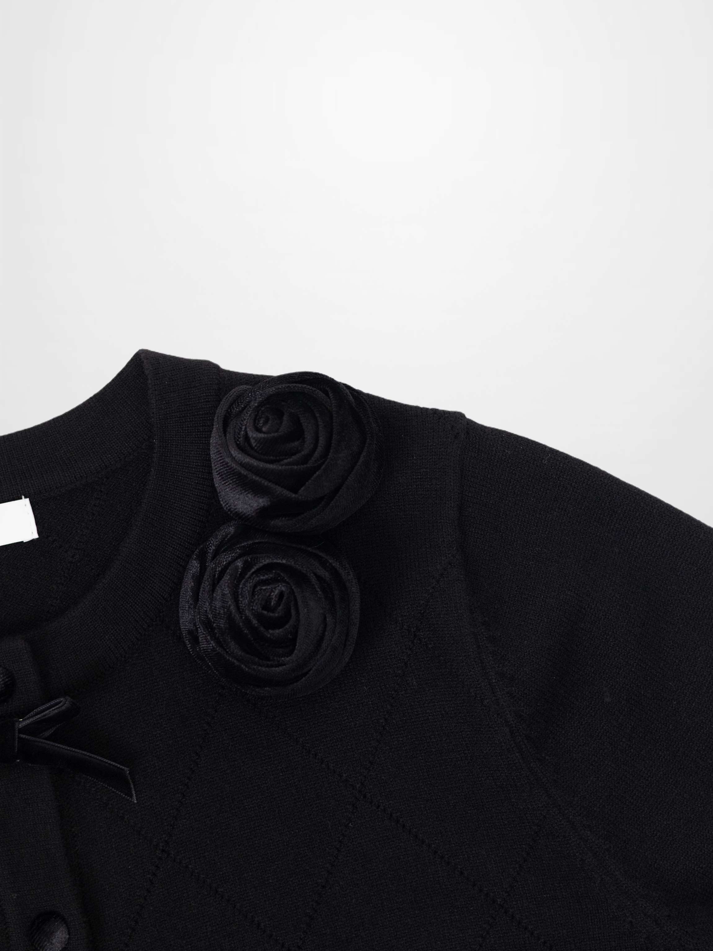 Velvet Detail Pointelle Crew Cardigan-Black/Black