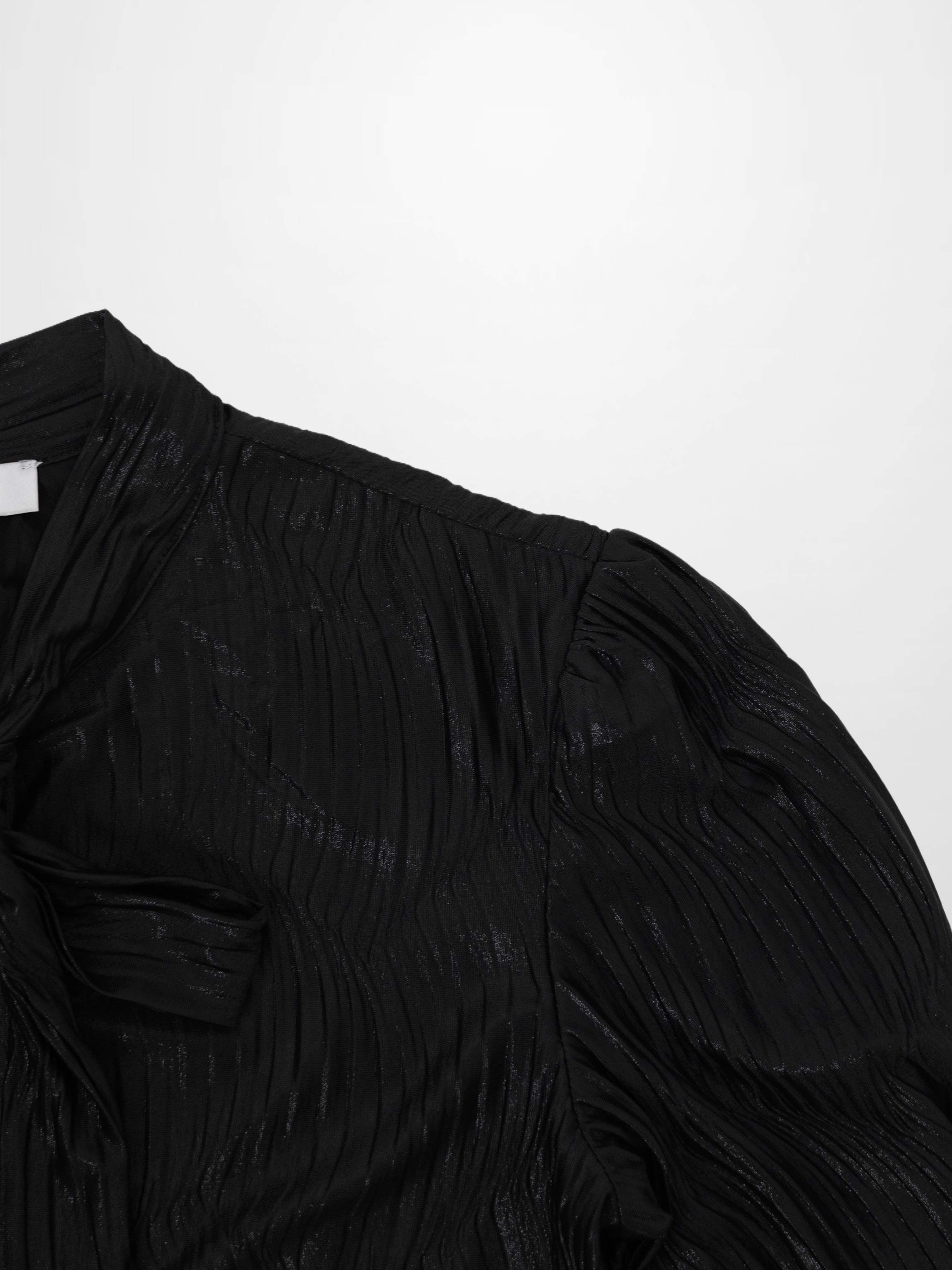 Shimmer Texture Bow Blouse-Black/Black