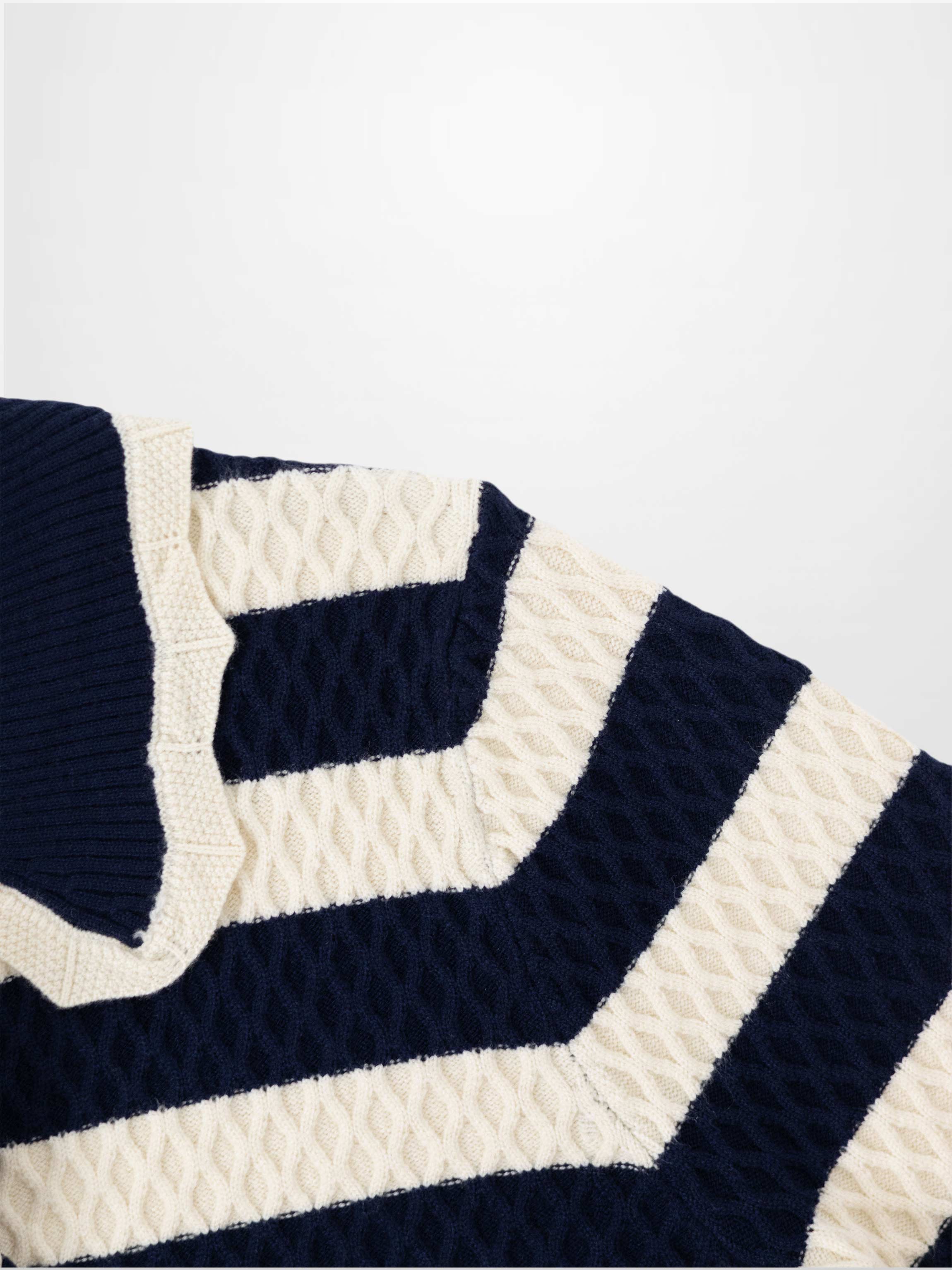 Laced Ruffle Collar Striped Sweater-Navy/Cream