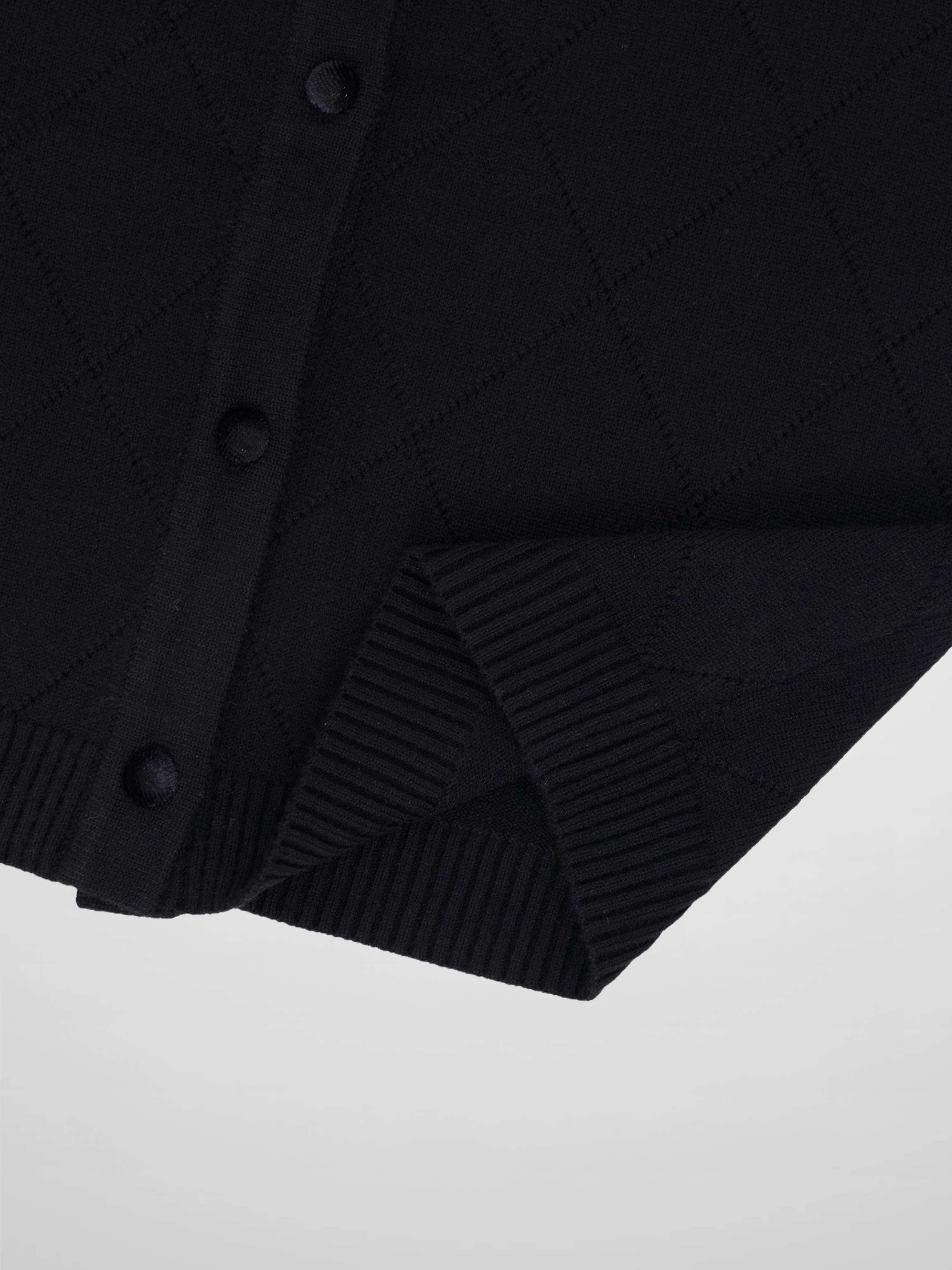 Velvet Detail Pointelle Crew Cardigan-Black/Black