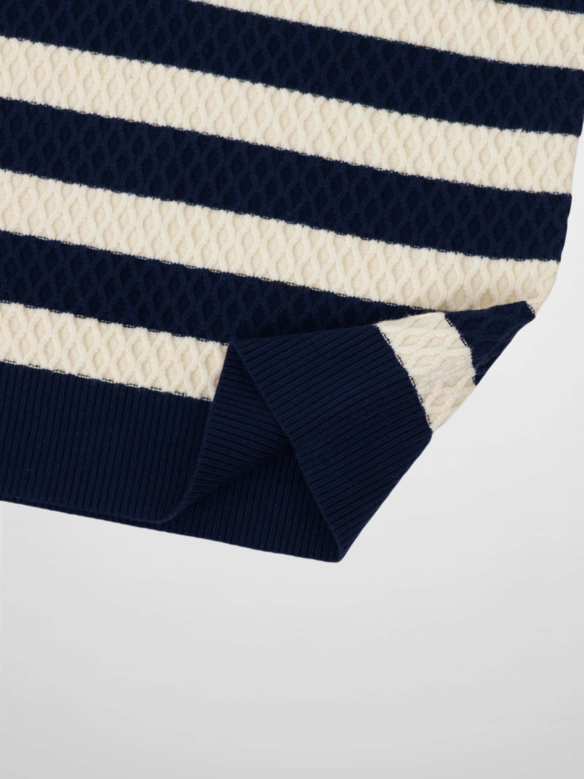 Laced Ruffle Collar Striped Sweater-Navy/Cream