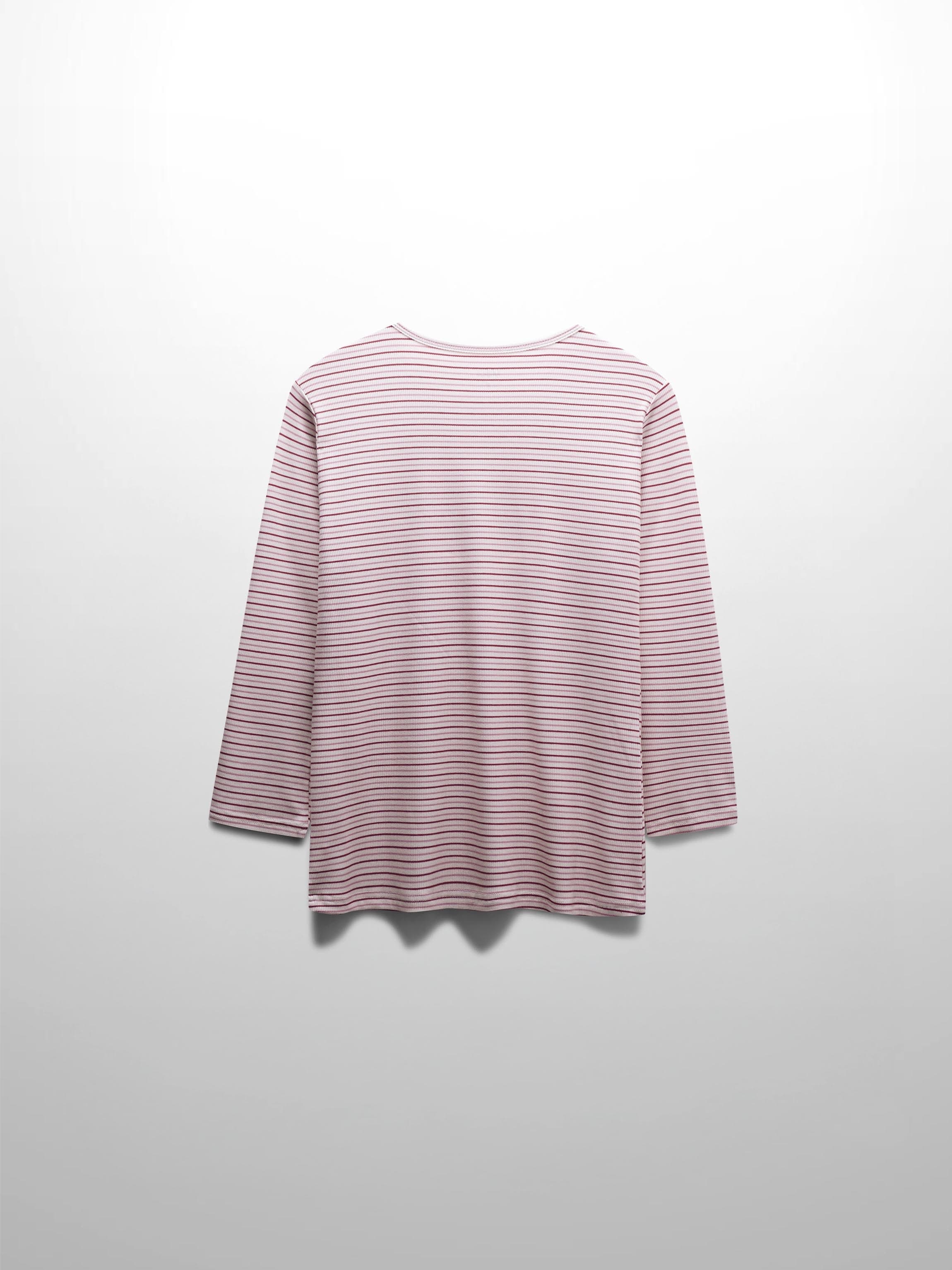 Ribbed Striped Crew 3/4 Sleeve-Pink/Raspberry