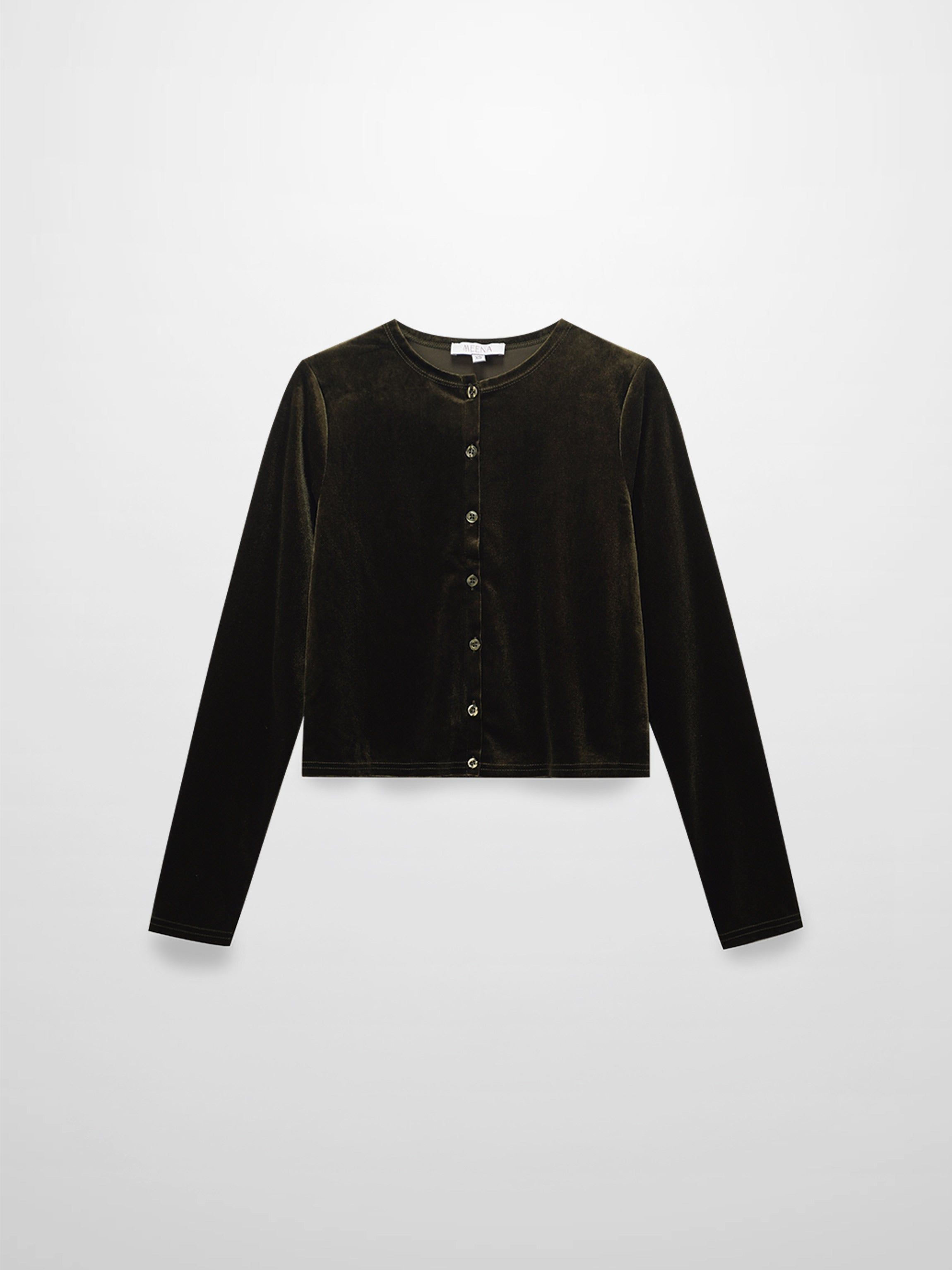 Velour Button Down Crew Cardigan-Green
