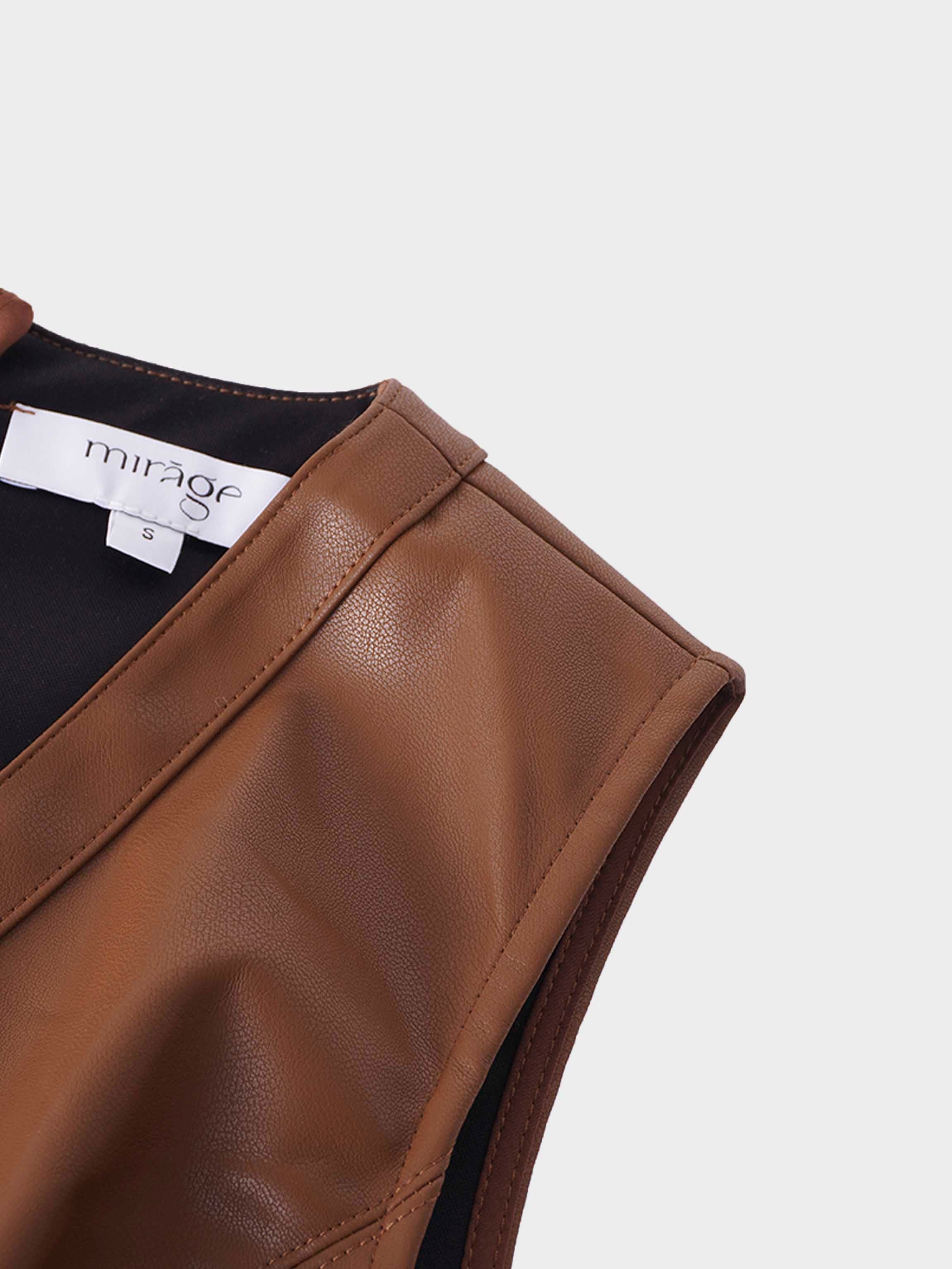 Faux Leather Seamed Jumper-Brown