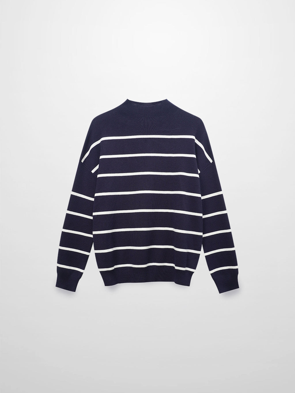 Mock Neck Thin Knit Sweater-Navy/Cream