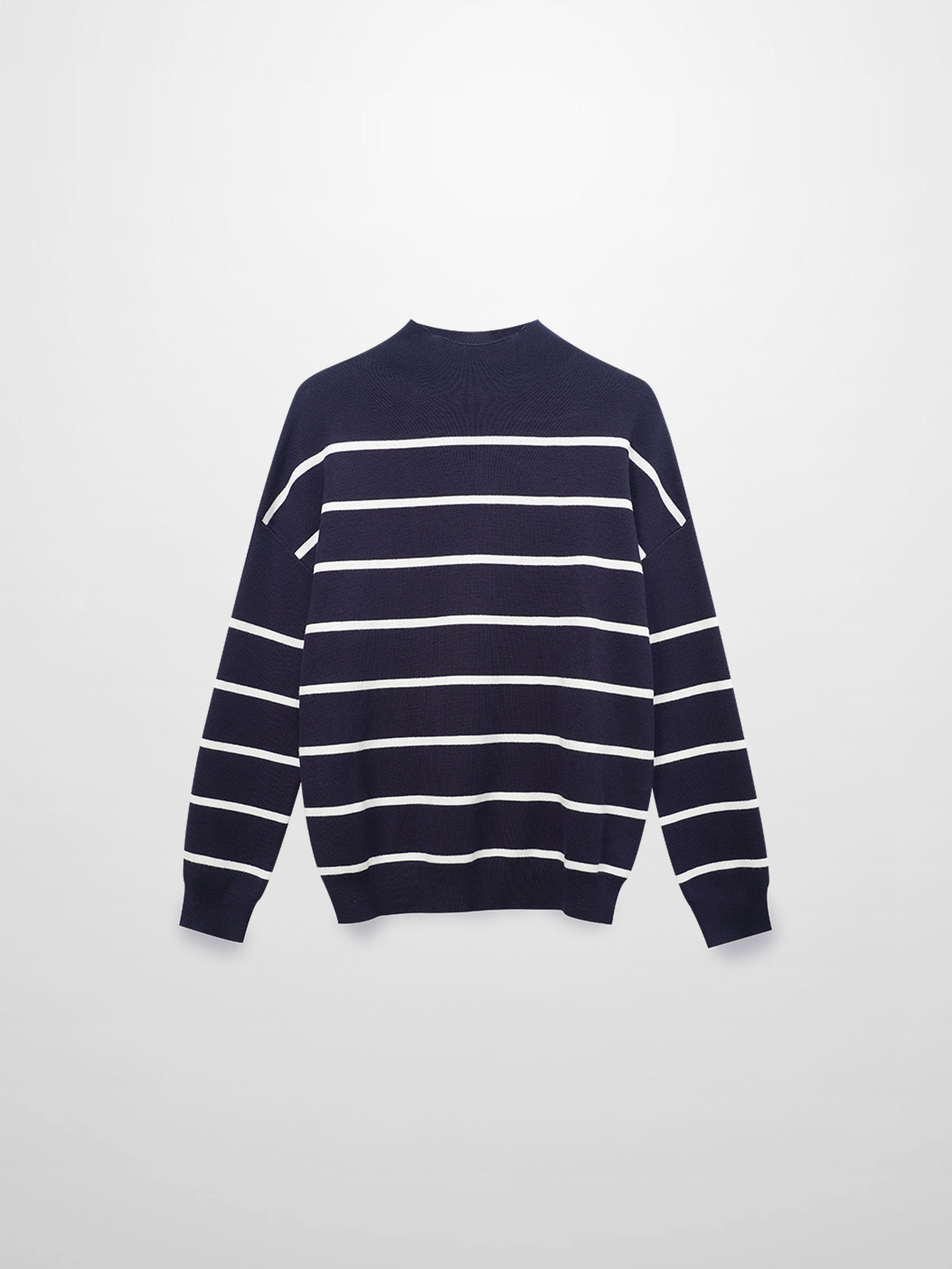 Mock Neck Thin Knit Sweater-Navy/Cream