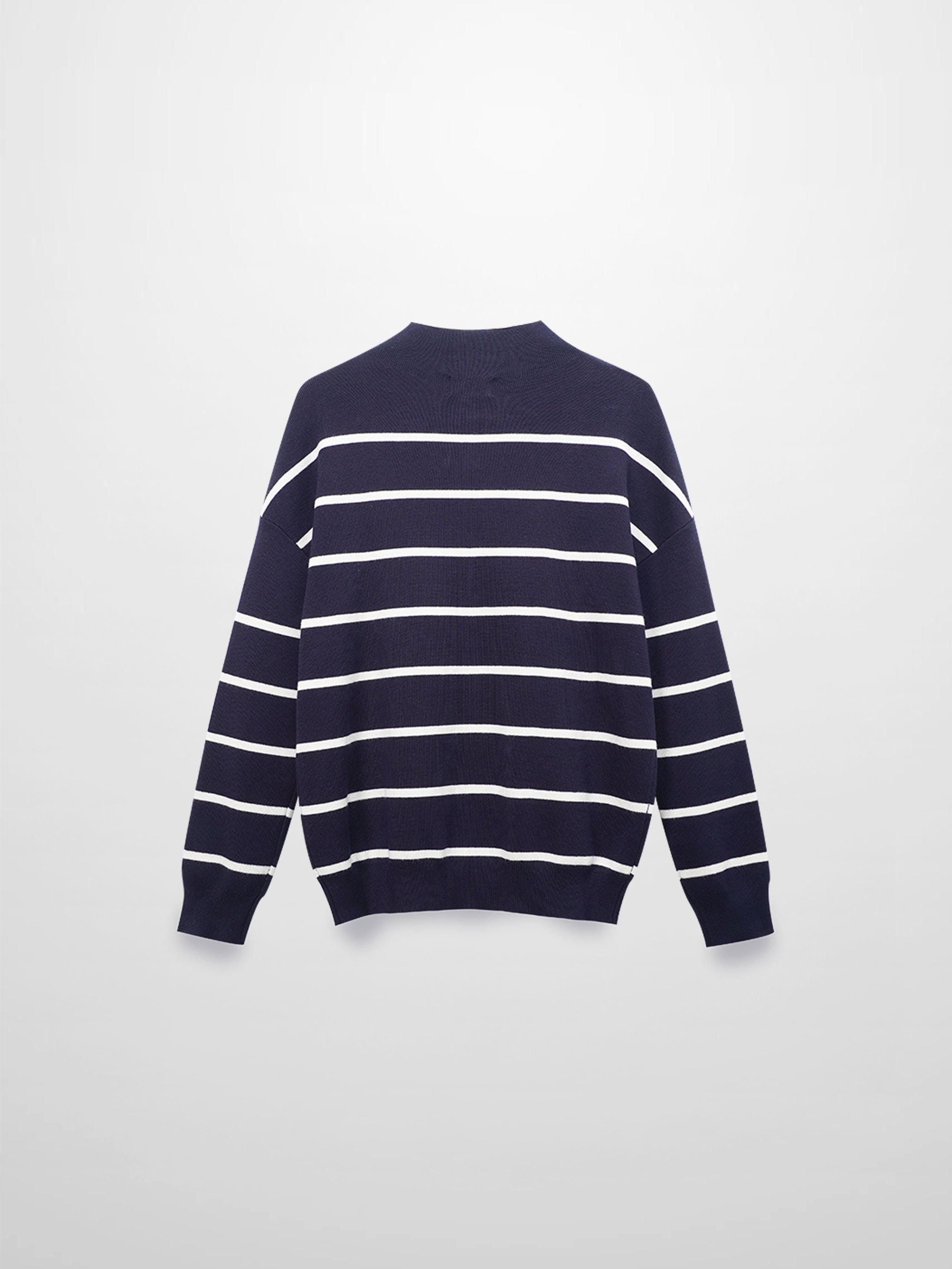 Mock Neck Thin Knit Sweater-Navy/Cream