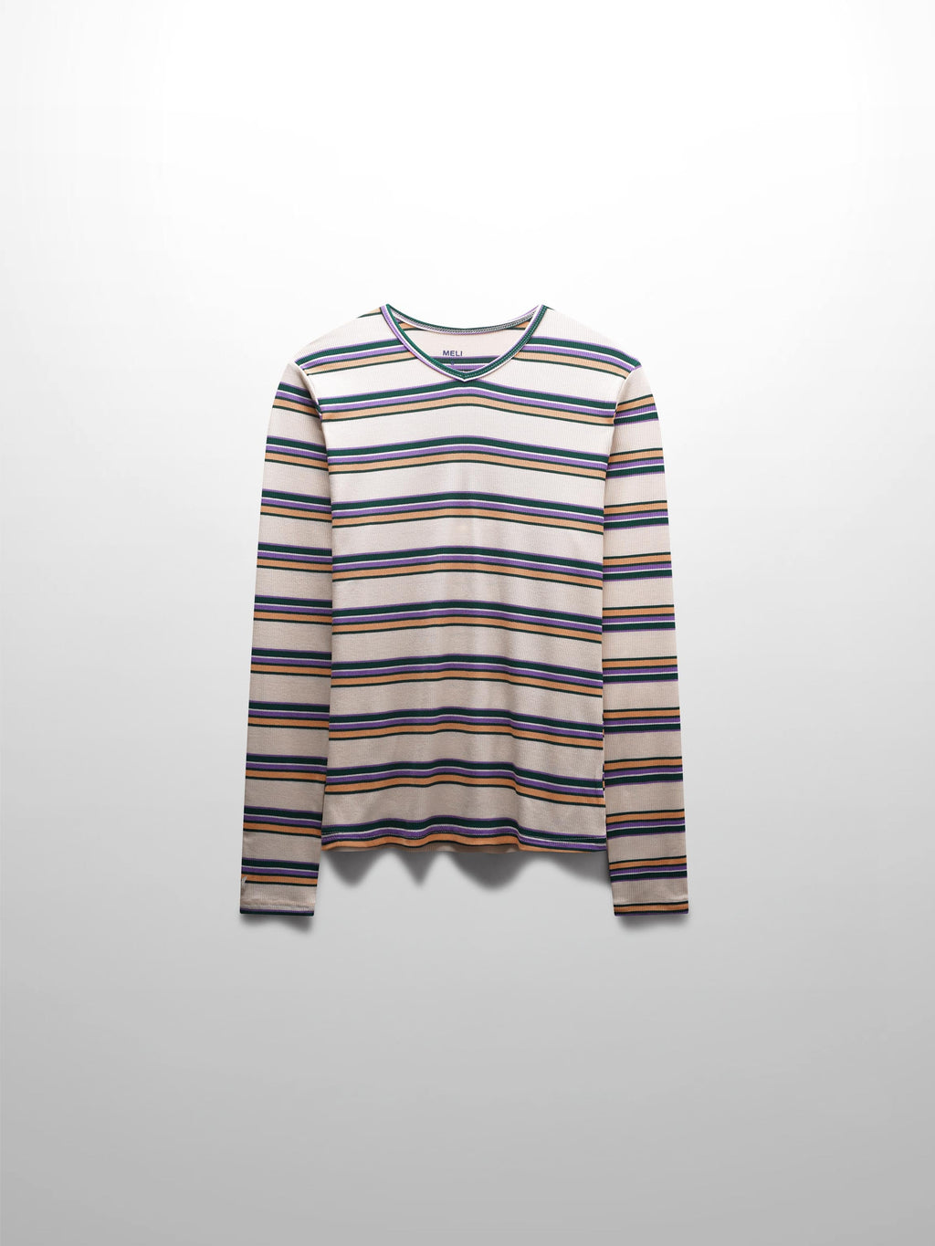 Ribbed Striped High V Tee Long Sleeve-Peach/Green