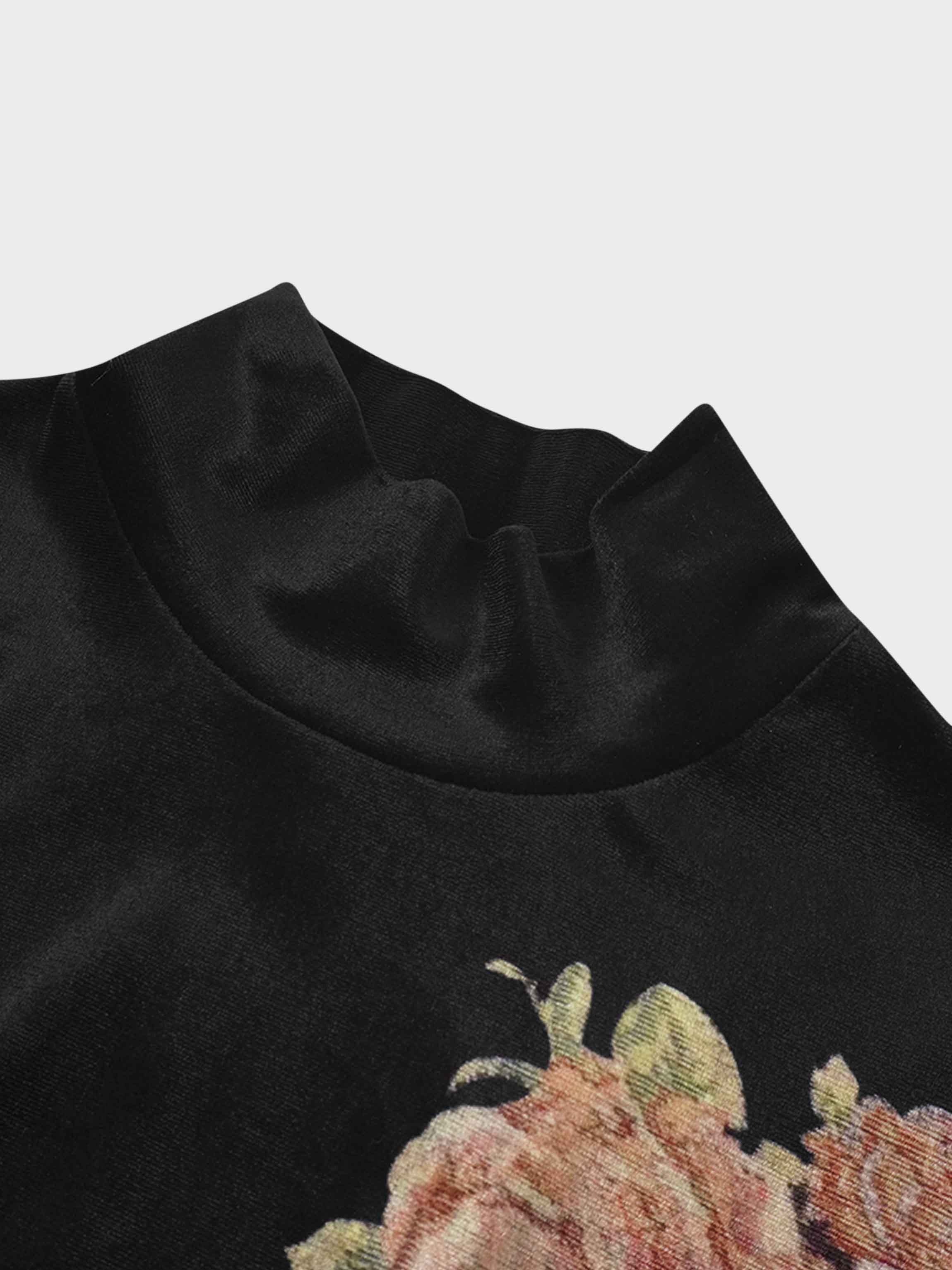 Flower Printed Velour Turtleneck-Black