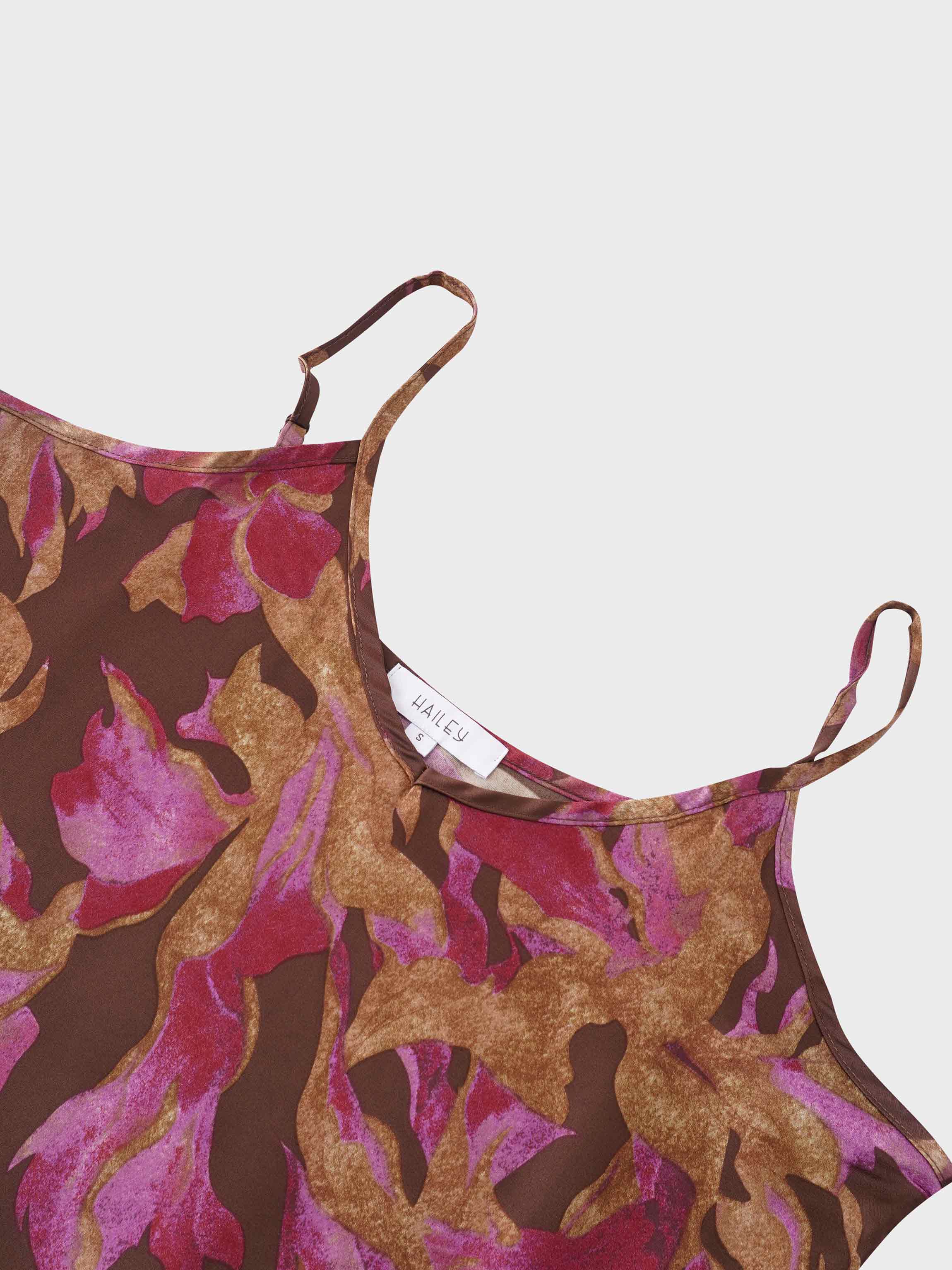 A-Line V Neck Slip Dress-Brown/Pink Floral