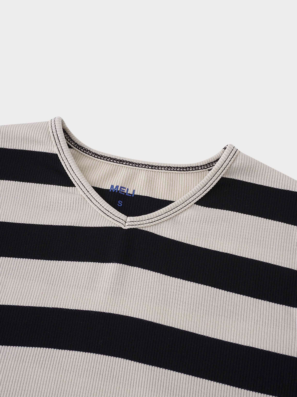Ribbed Striped High V Tee Long Sleeve-Tan/Black