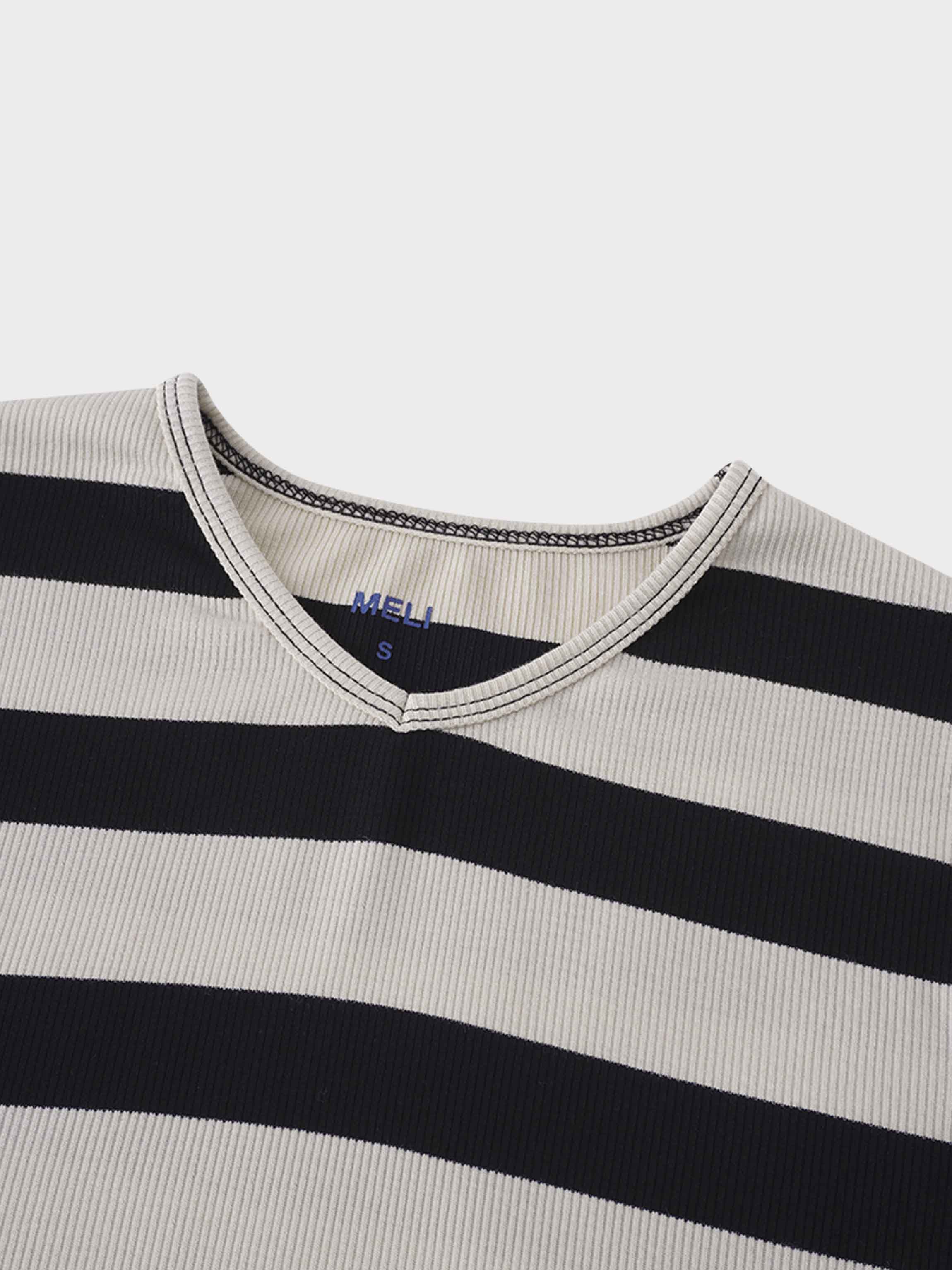 Ribbed Striped High V Tee Long Sleeve-Tan/Black