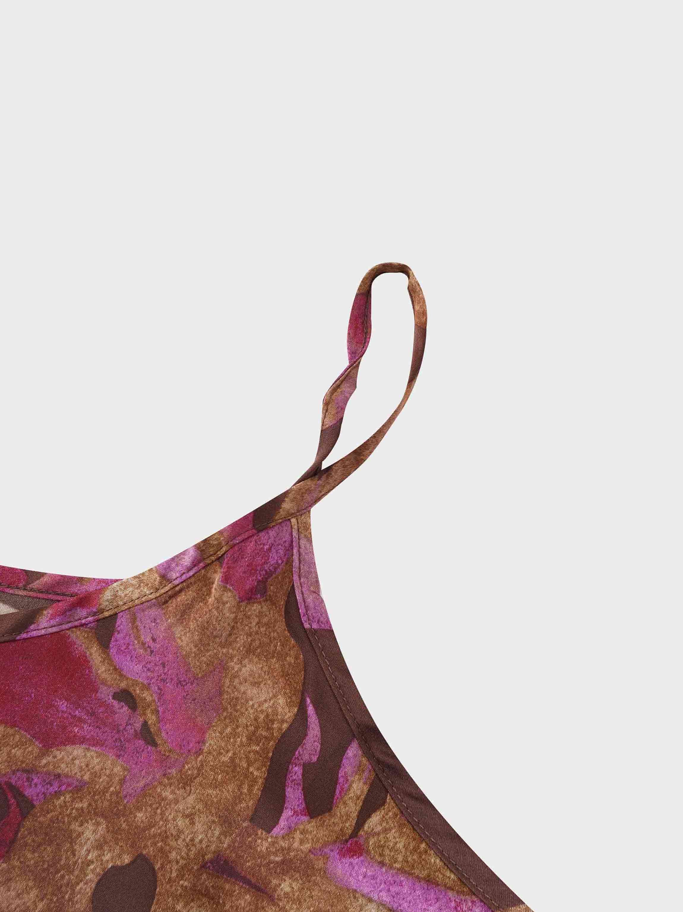 A-Line V Neck Slip Dress-Brown/Pink Floral