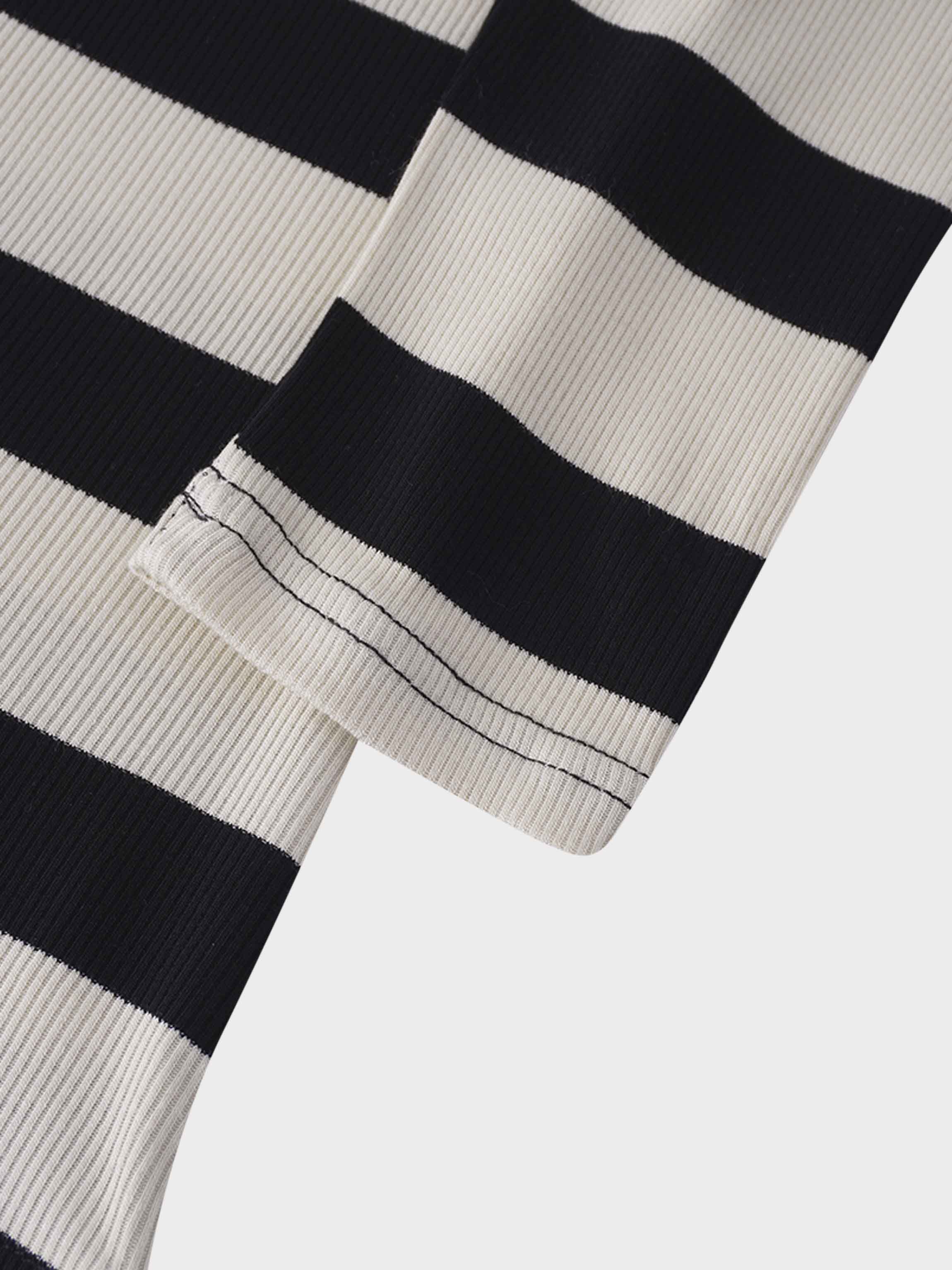 Ribbed Striped High V Tee Long Sleeve-Tan/Black