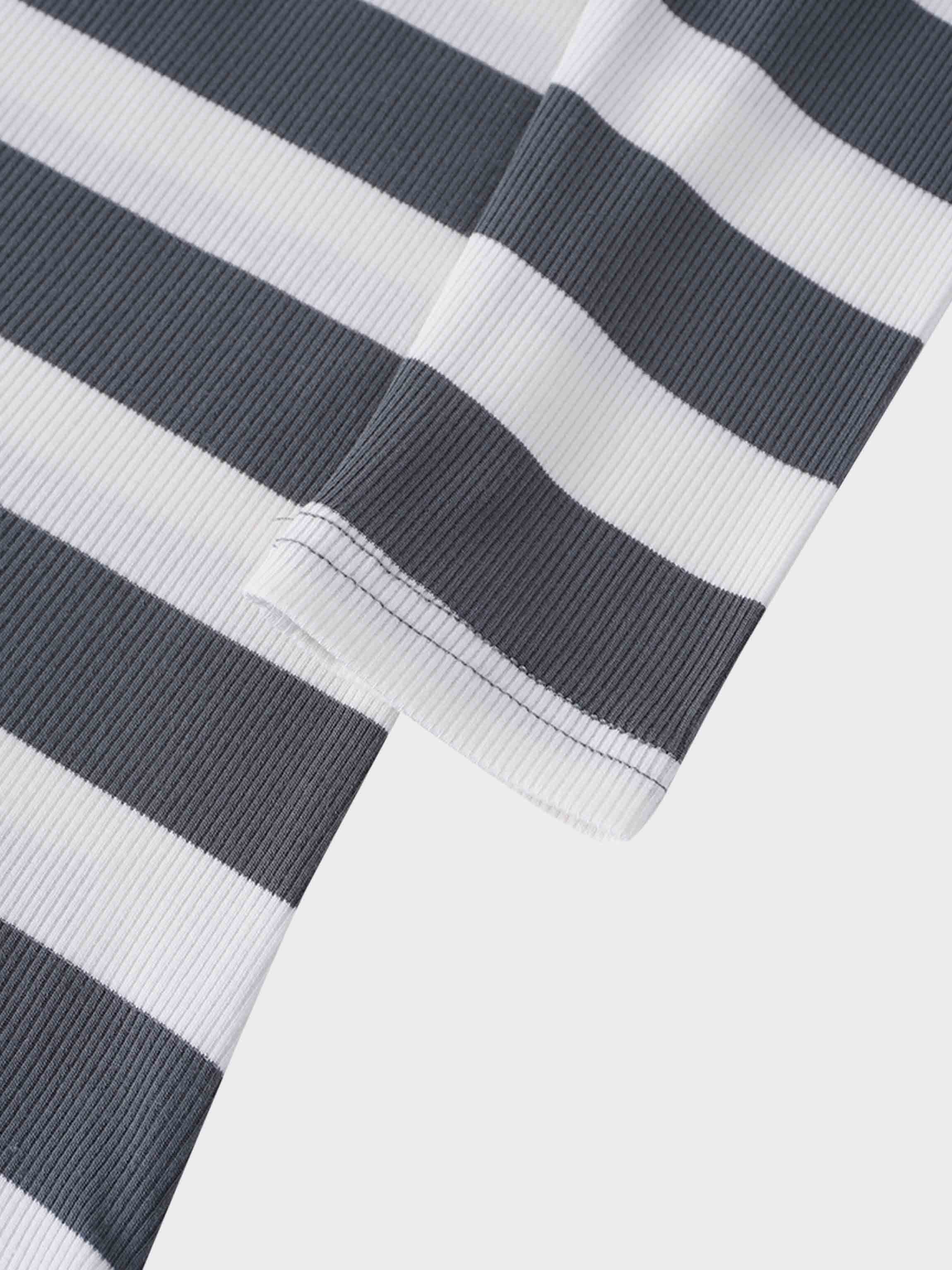 Ribbed Striped High V Tee Long Sleeve-Teal/Ivory