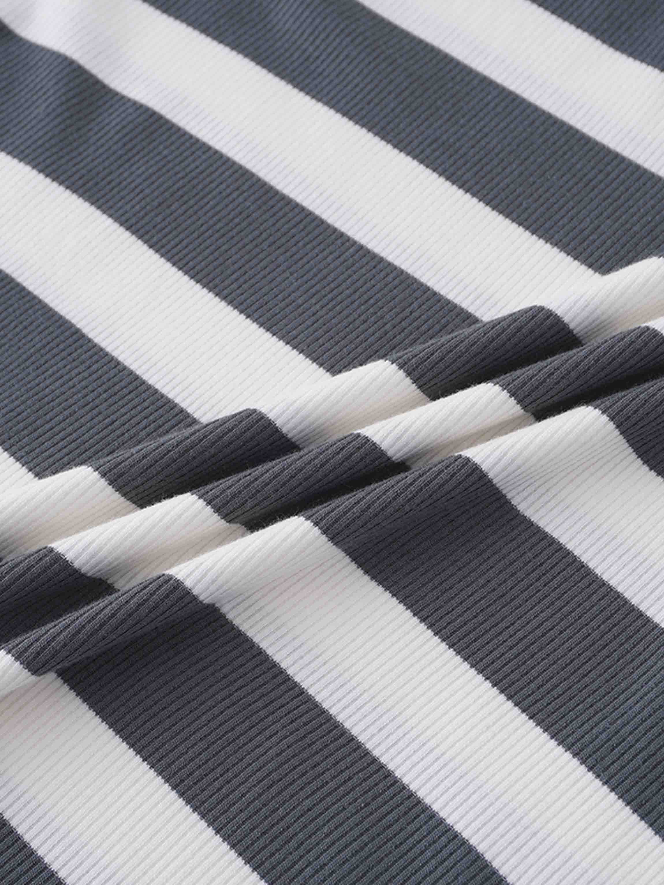 Ribbed Striped High V Tee Long Sleeve-Teal/Ivory