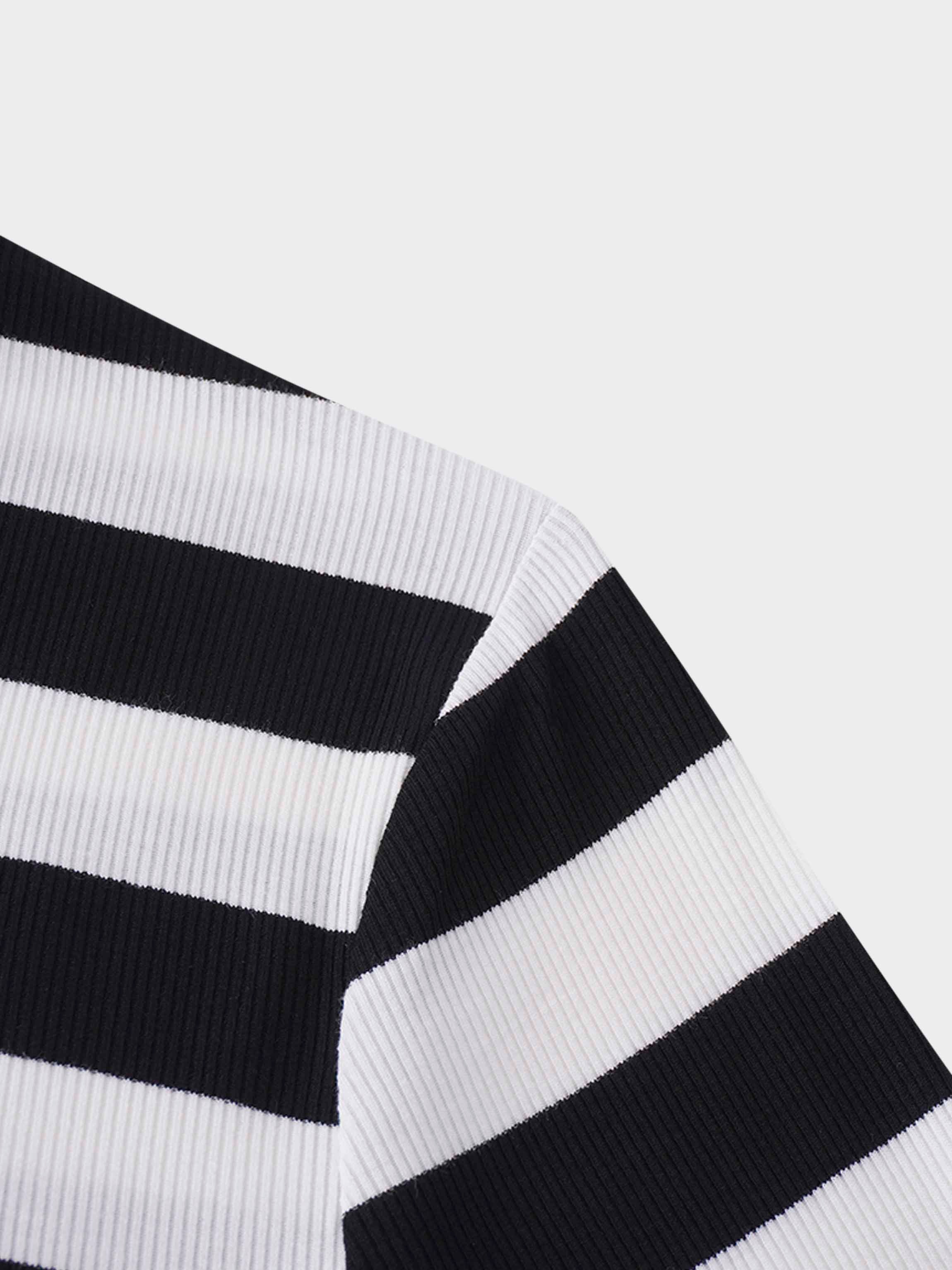 Ribbed Striped High V Tee Long Sleeve-White/Black