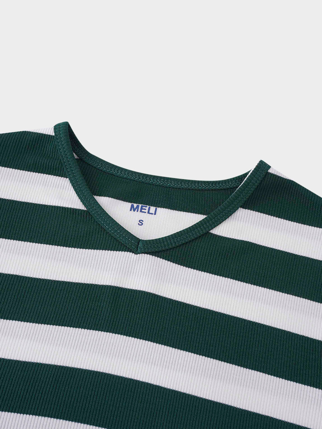 Ribbed Striped High V Tee Long Sleeve-Green/Ivory