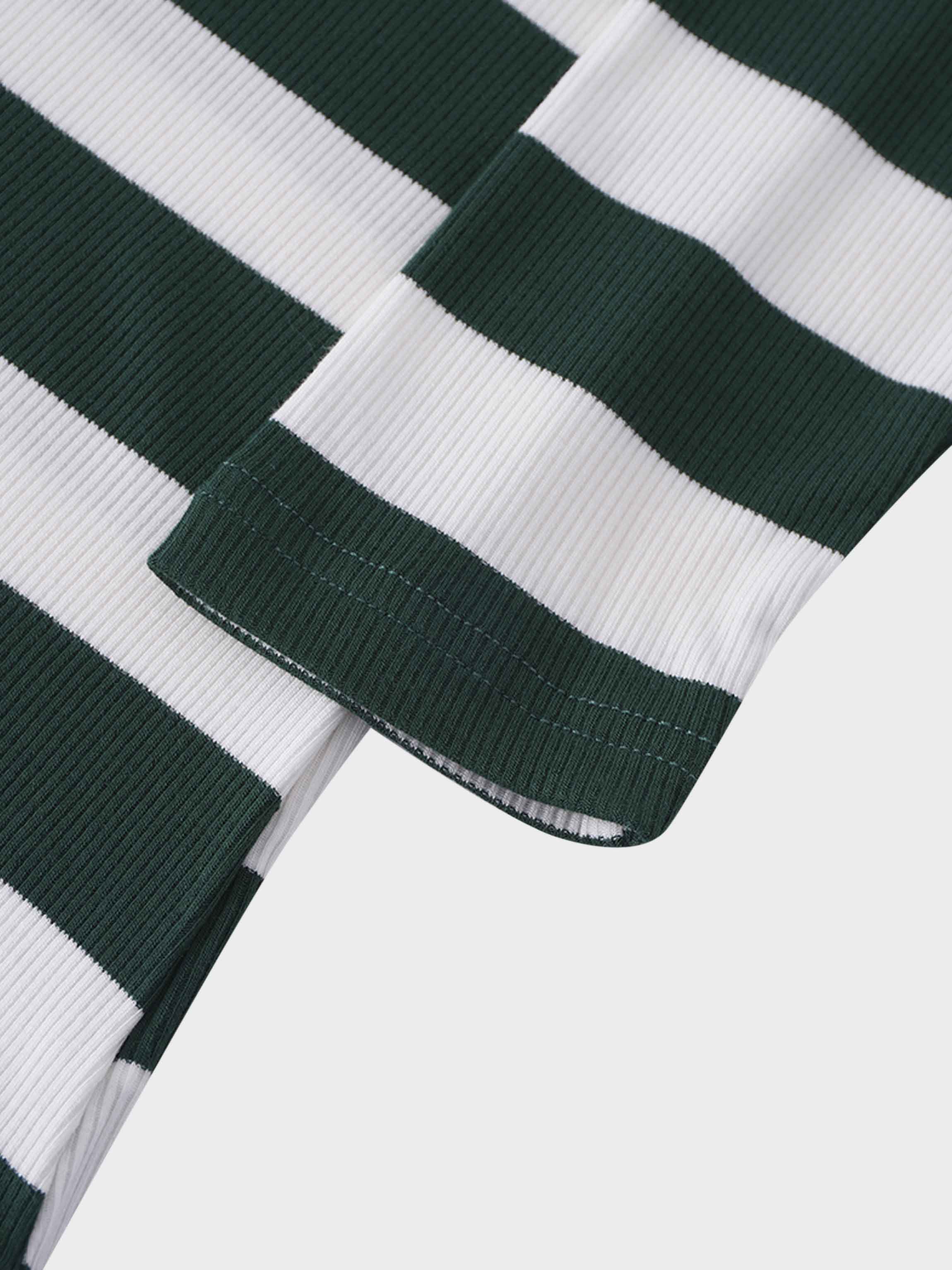 Ribbed Striped High V Tee Long Sleeve-Green/Ivory