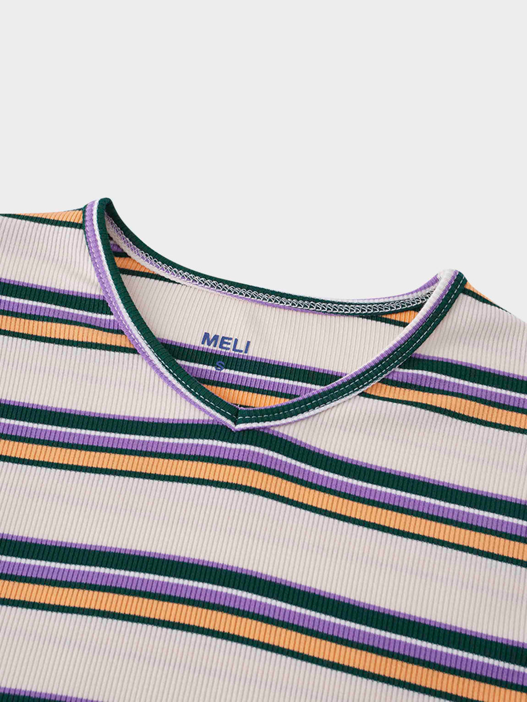 Ribbed Striped High V Tee Long Sleeve-Peach/Green