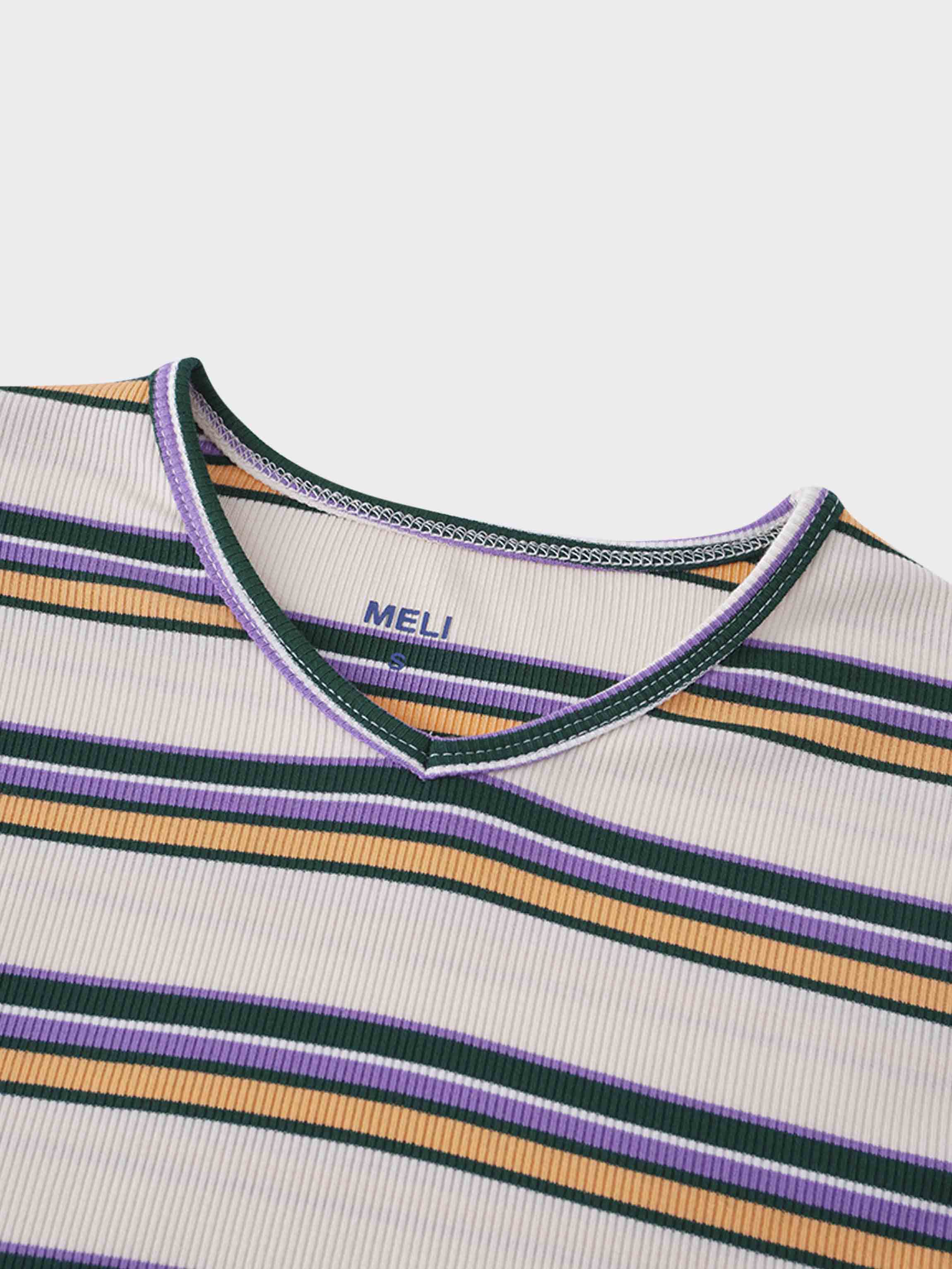 Ribbed Striped High V Tee Long Sleeve-Peach/Green