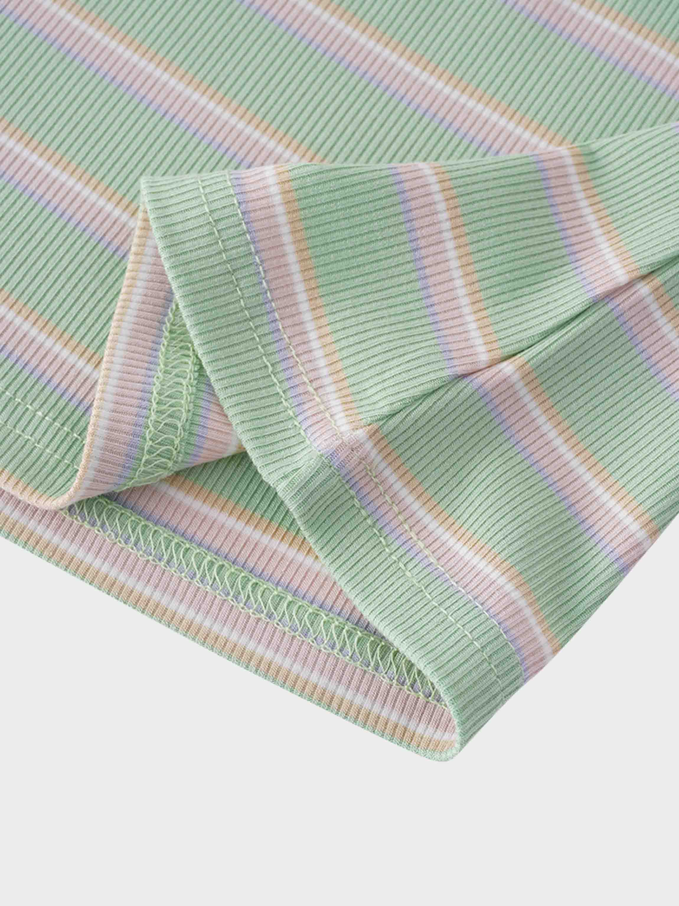 Ribbed Striped High V Tee Long Sleeve-Mint/Pink