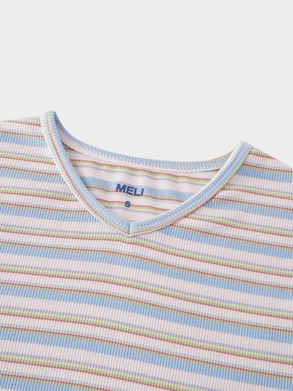Ribbed Striped High V Tee Long Sleeve-Ivory/Light Blue
