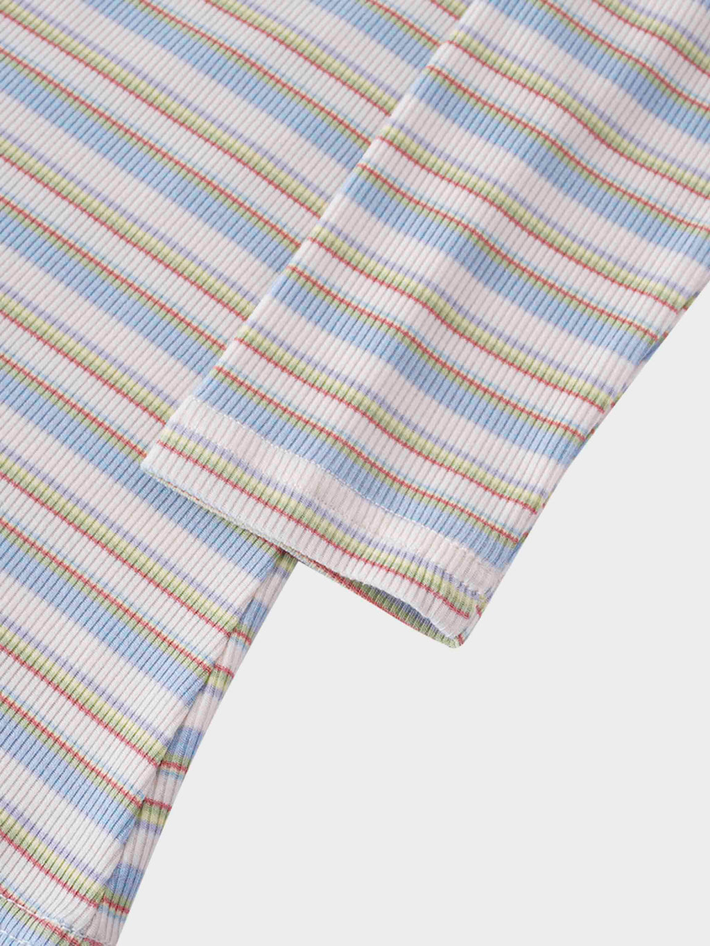 Ribbed Striped High V Tee Long Sleeve-Ivory/Light Blue