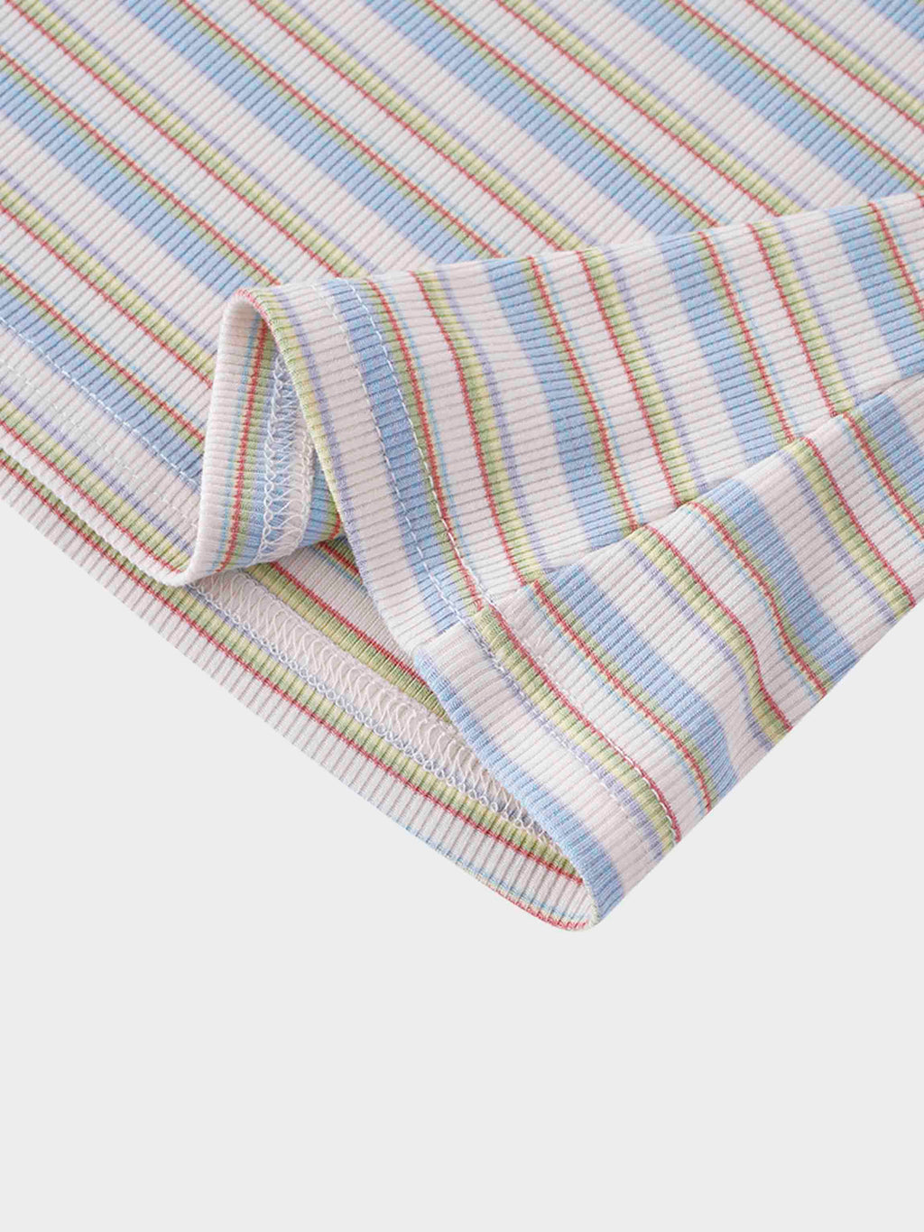 Ribbed Striped High V Tee Long Sleeve-Ivory/Light Blue