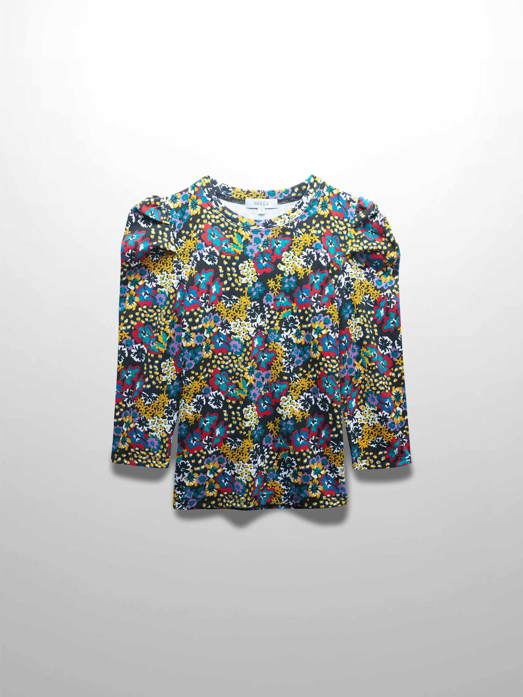 Ribbed Crew Neck Puff Sleeve Top-Colored Floral