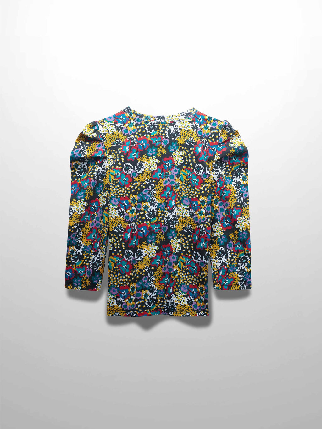 Ribbed Crew Neck Puff Sleeve Top-Colored Floral