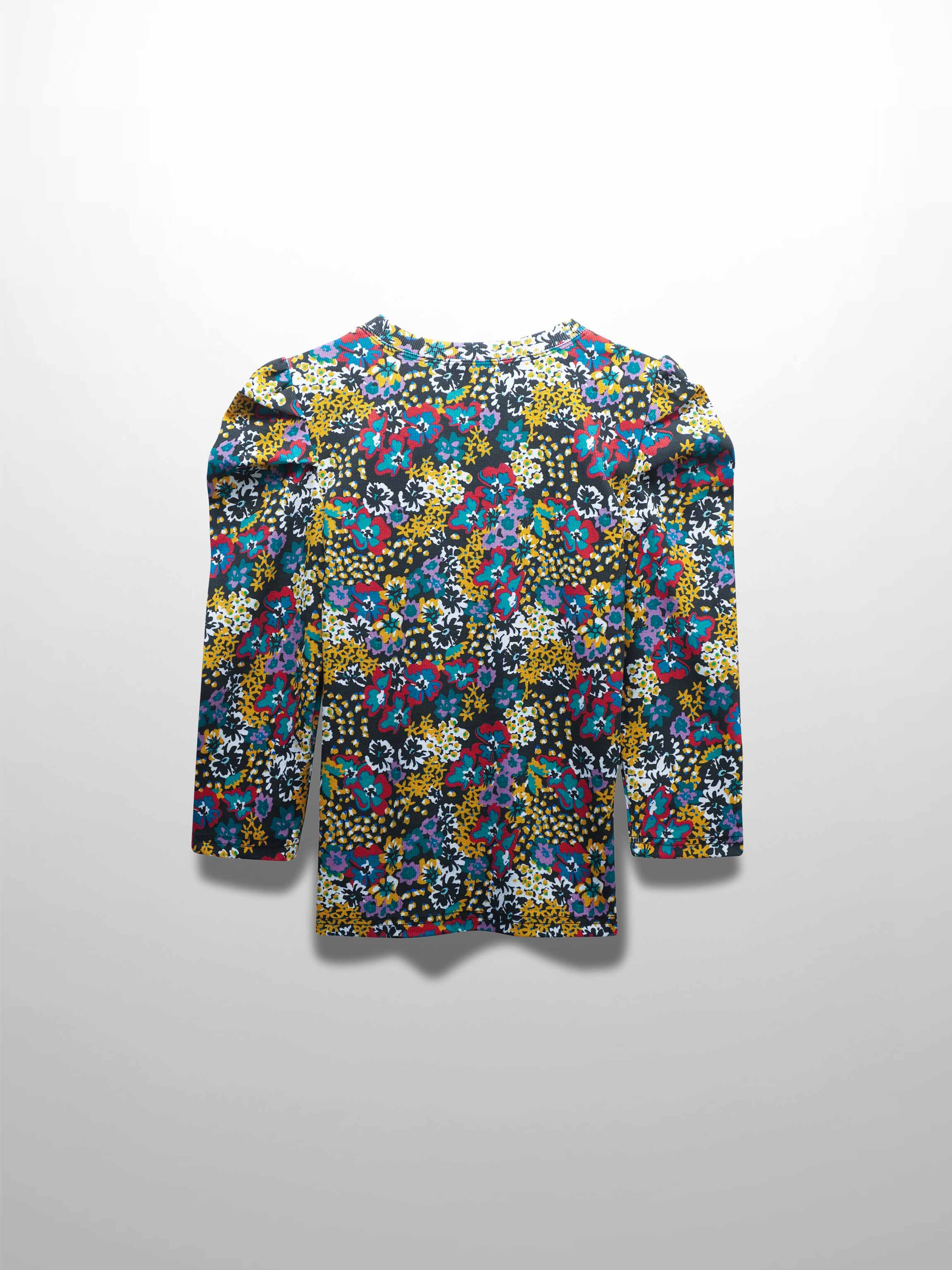 Ribbed Crew Neck Puff Sleeve Top-Colored Floral