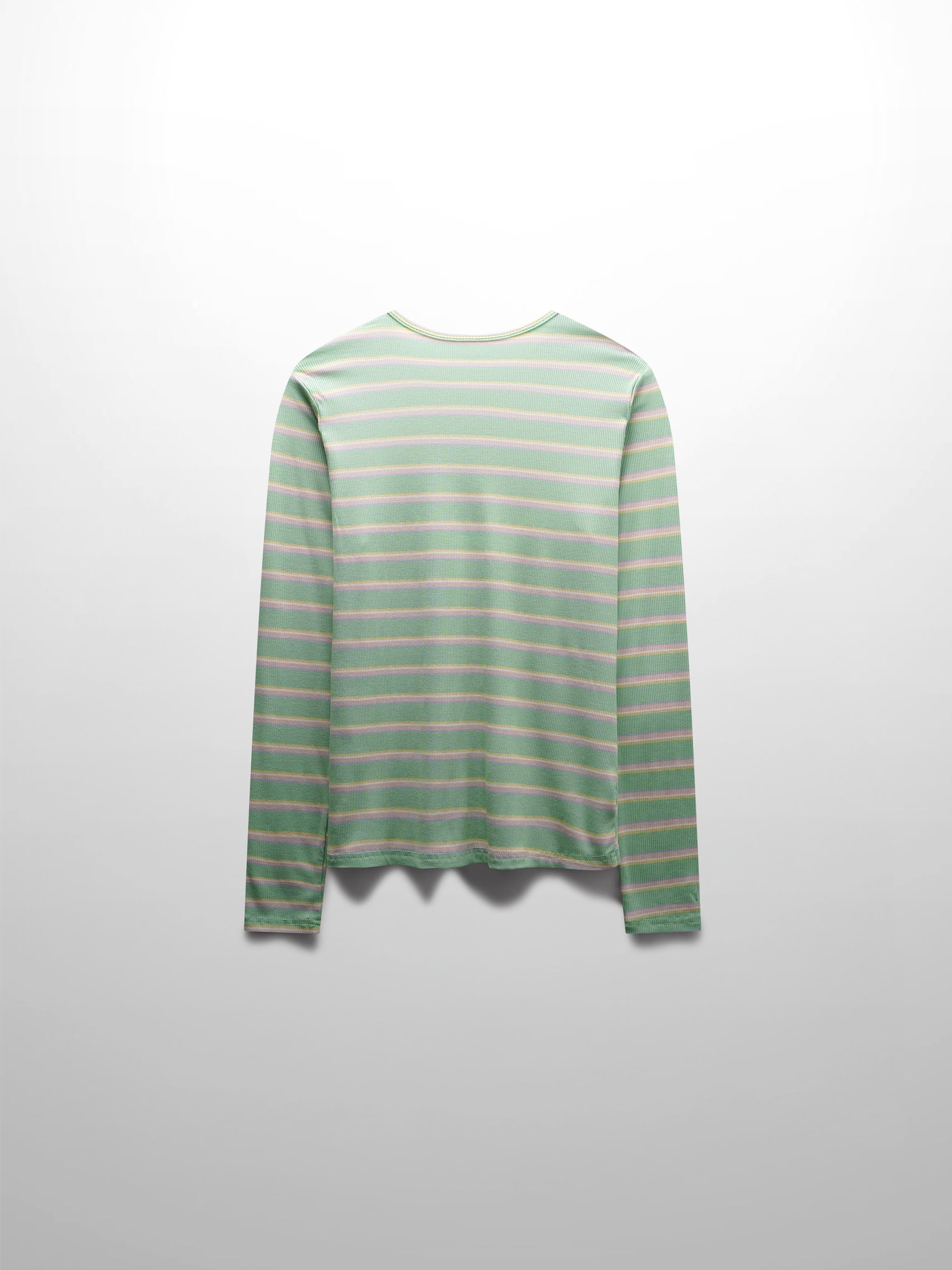 Ribbed Striped High V Tee Long Sleeve-Mint/Pink