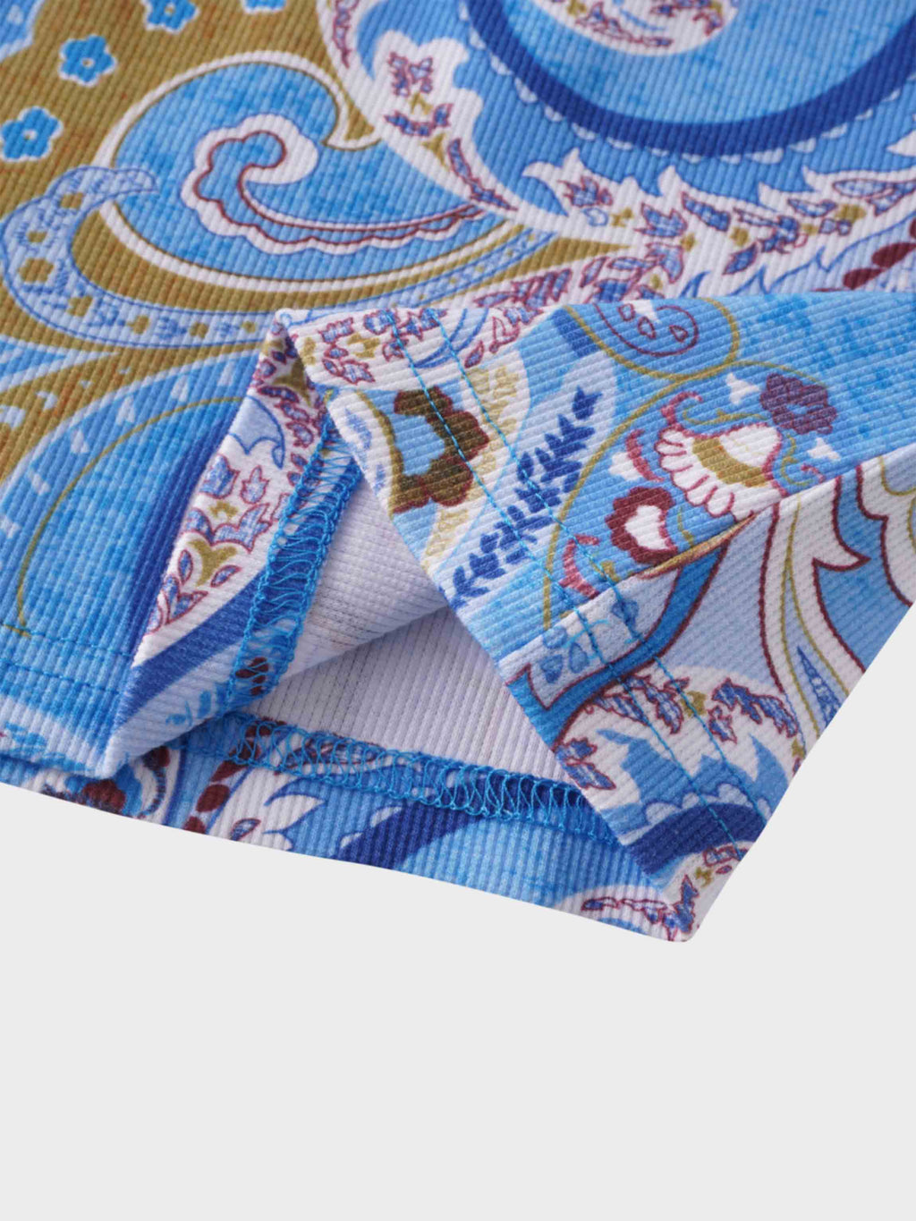 Ribbed Crew Neck Puff Sleeve Top-Light Blue Paisley