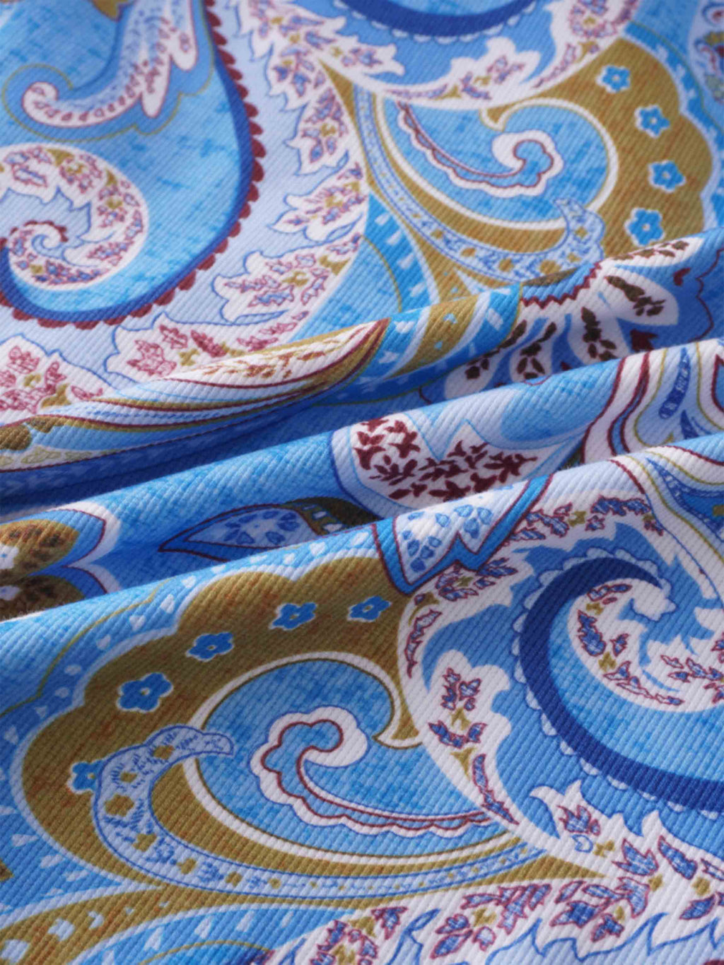 Ribbed Crew Neck Puff Sleeve Top-Light Blue Paisley