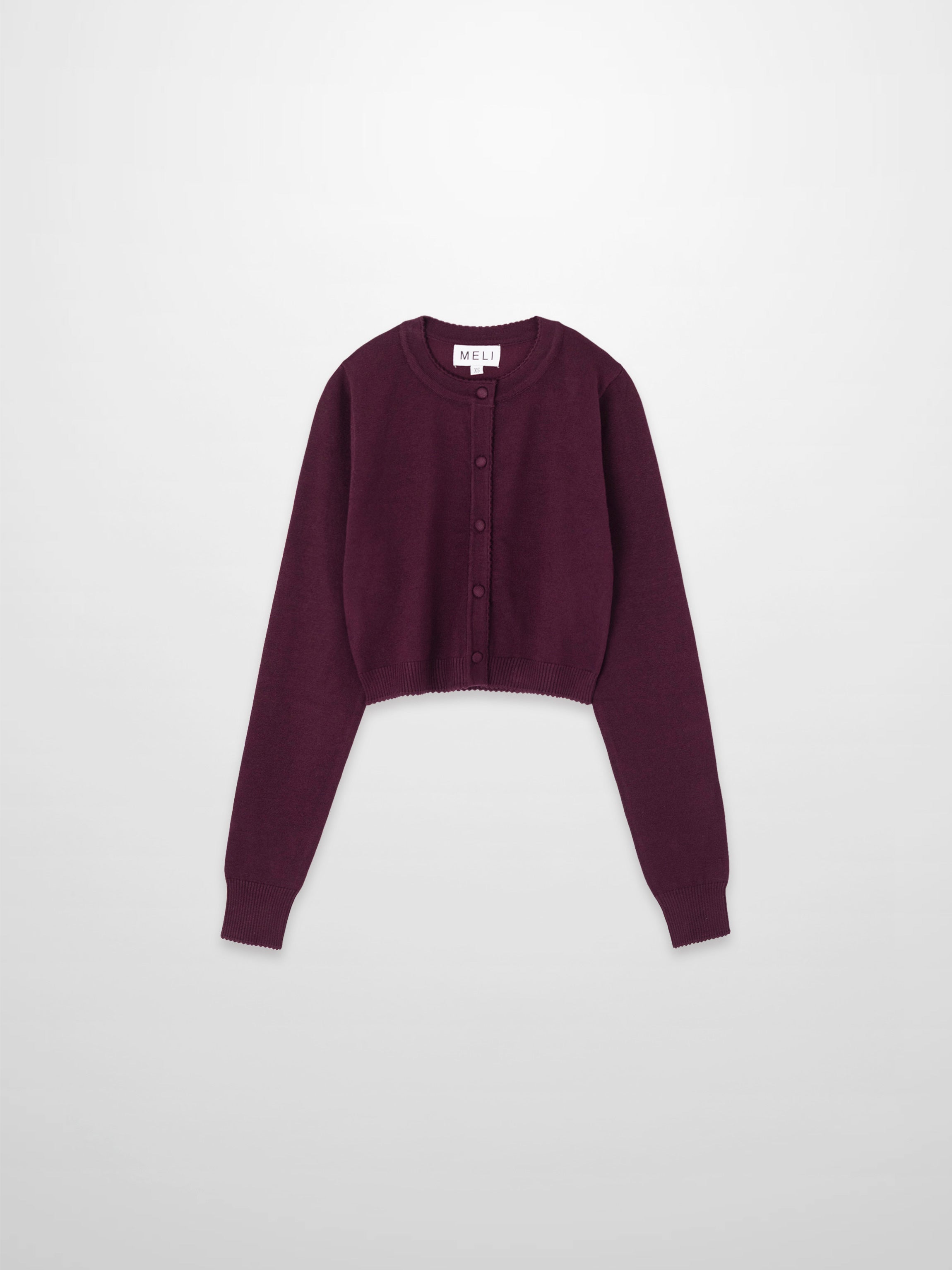 Trim Detail Crew Crop Cardigan-Burgundy