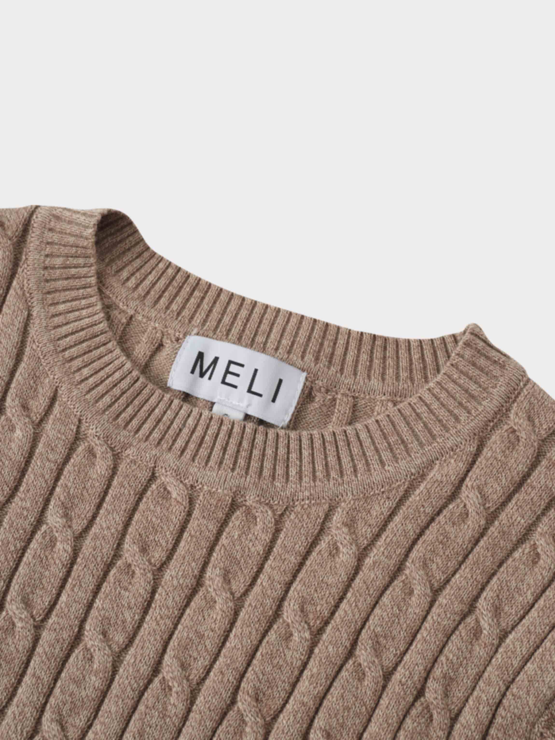 Crew Neck Cable Sweater-Heathered Camel