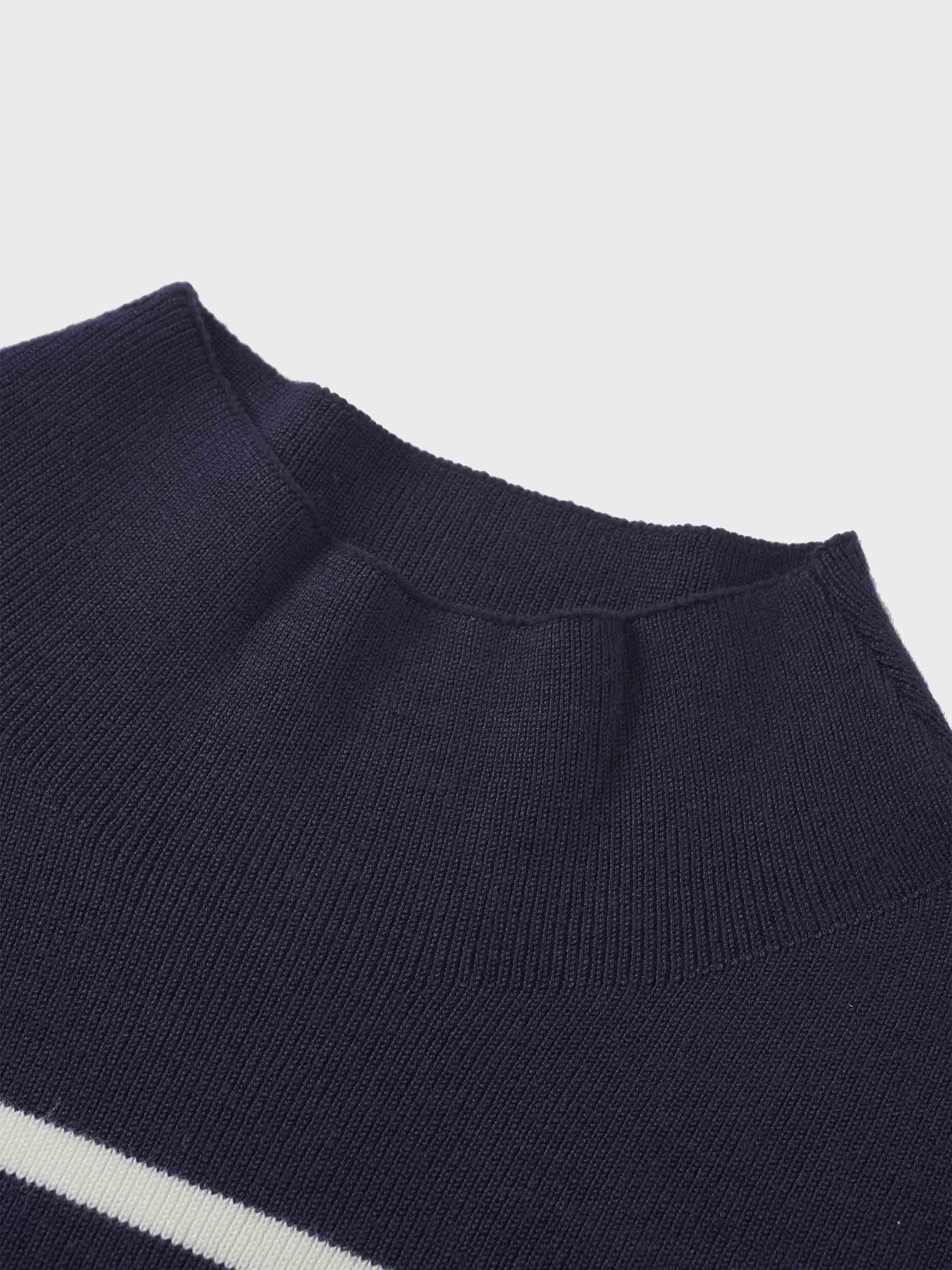 Mock Neck Thin Knit Sweater-Navy/Cream