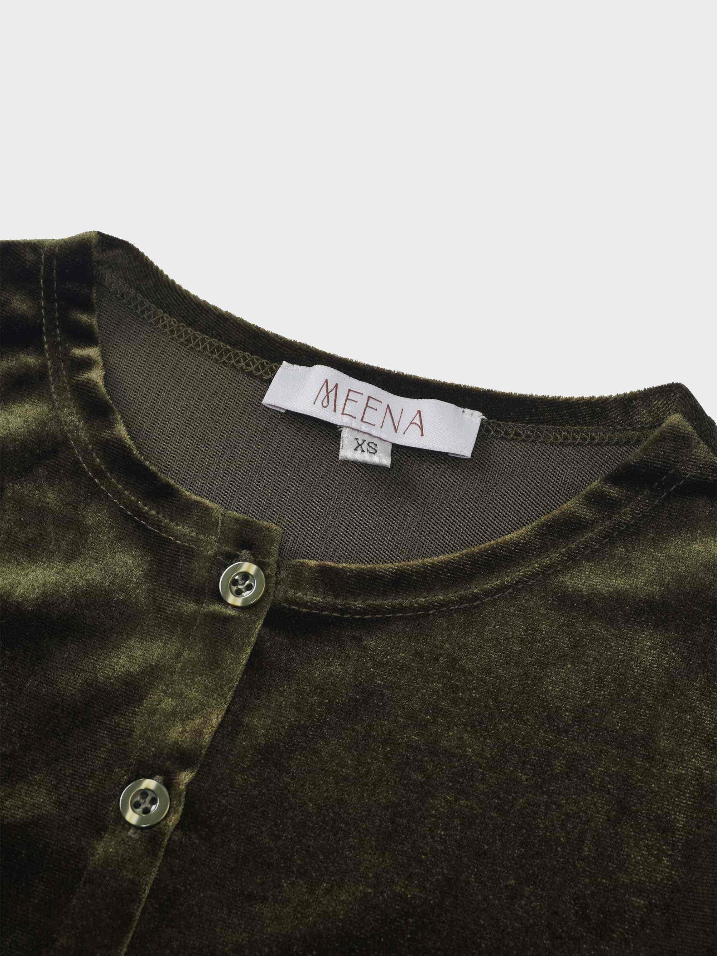 Velour Button Down Crew Cardigan-Green
