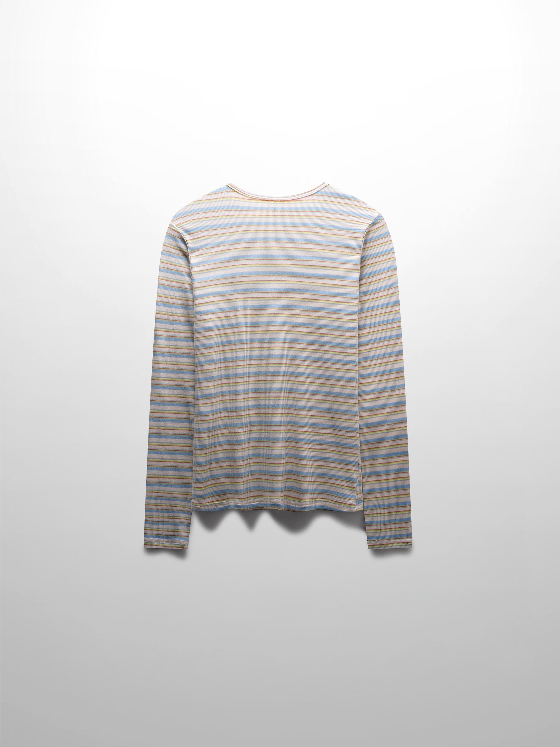 Ribbed Striped High V Tee Long Sleeve-Ivory/Light Blue