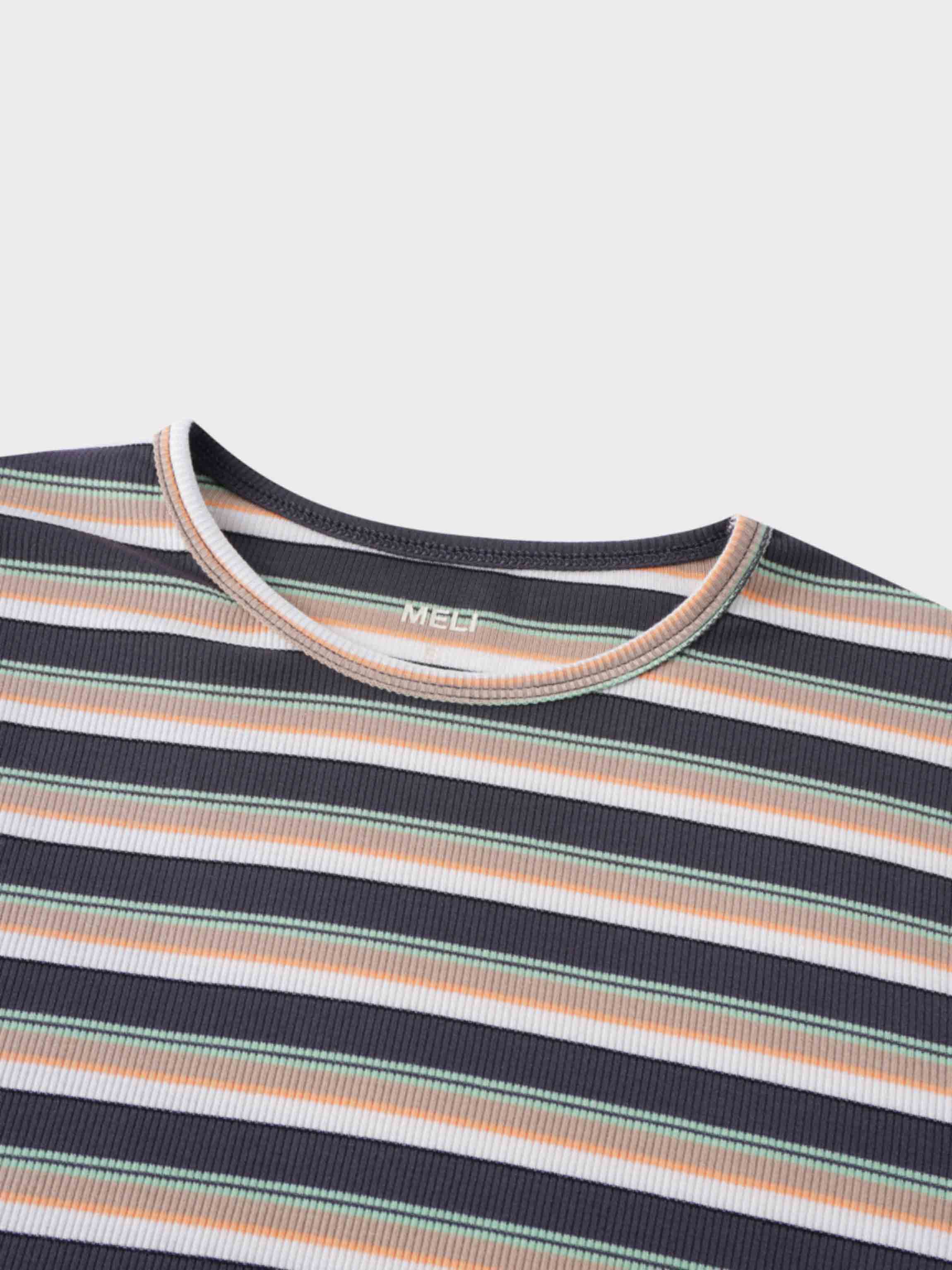 Ribbed Striped Crew 3/4 Sleeve-Brown/Ivory