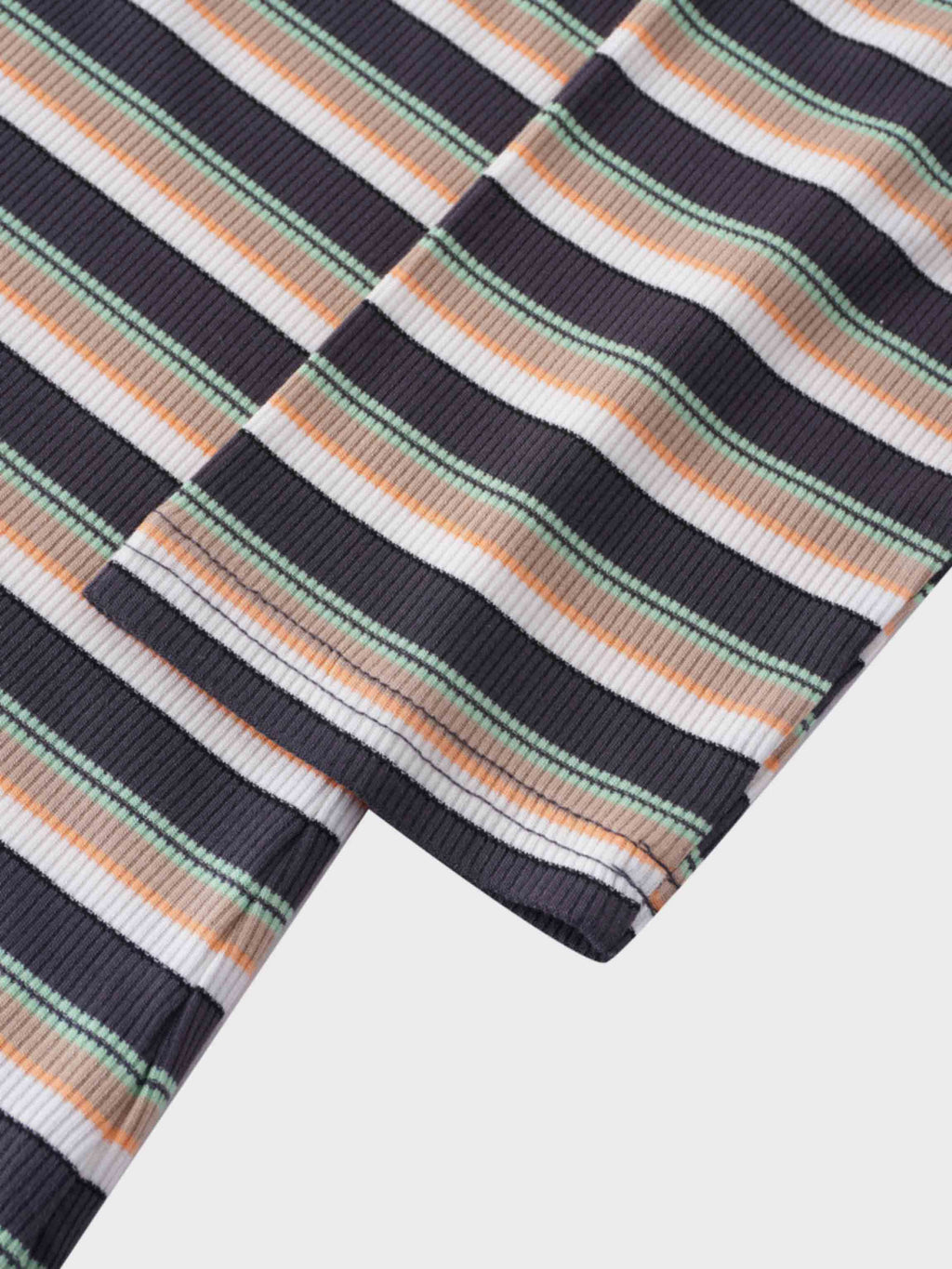 Ribbed Striped Crew 3/4 Sleeve-Brown/Ivory
