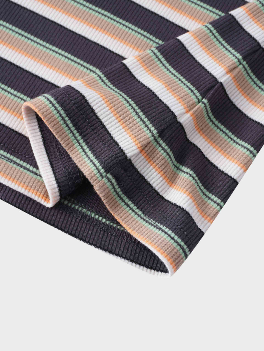 Ribbed Striped Crew 3/4 Sleeve-Brown/Ivory